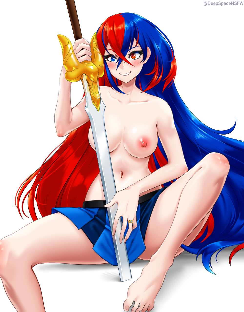1girls, alear (fire emblem), alear (fire emblem) (female), artist name, barefoot, belly button, blue eyes, blue hair, blush, breasts, deepspace, feet, female, female only, fire emblem, fire emblem engage, first porn of character, heterochromia, light skin, light-skinned female, long hair, looking at viewer, multicolored hair, nintendo, nipples, nude, red eyes, red hair, ring, self upload, skirt, smile, solo, sword, toenails, toes, topless, topless female, two-tone hair, white background