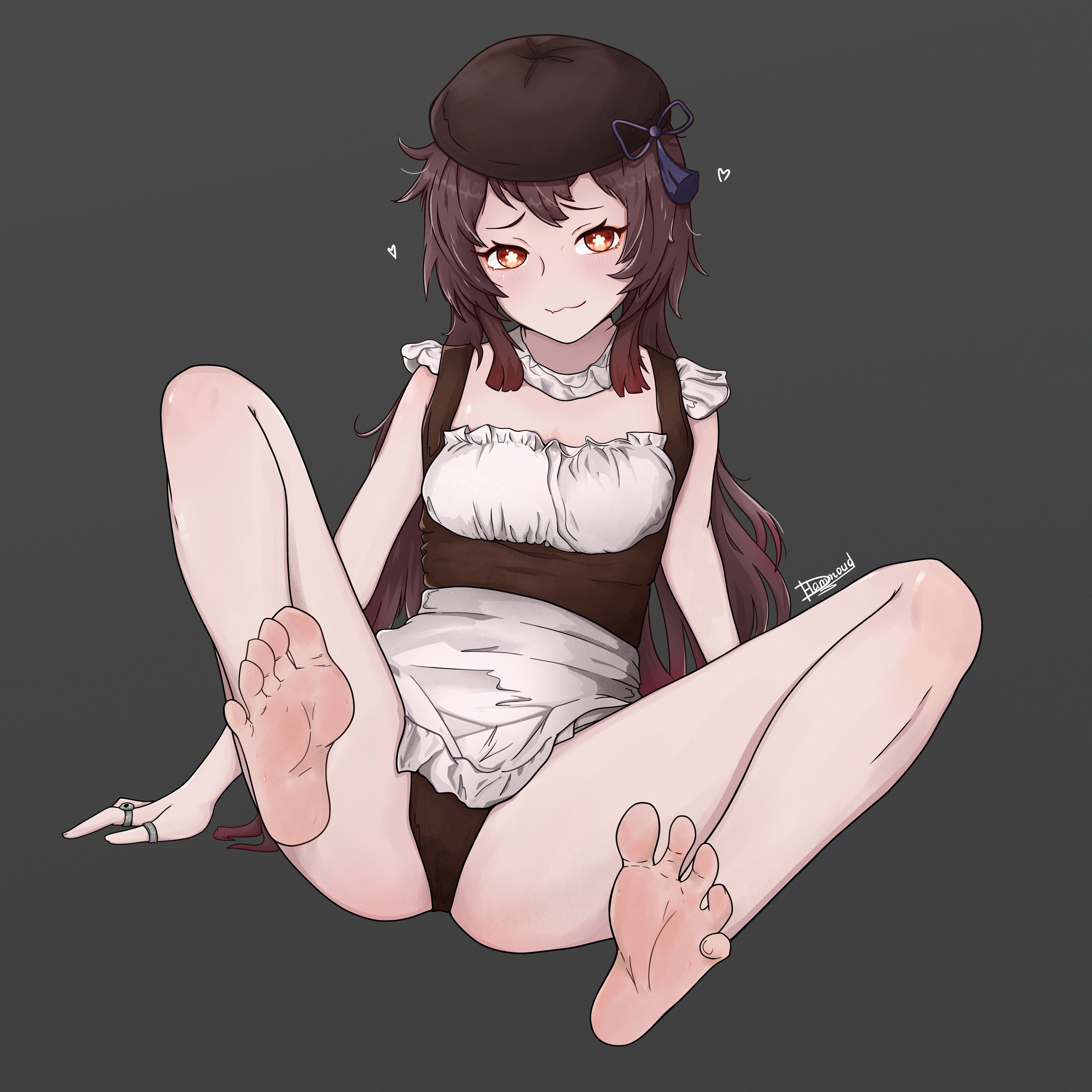 blush, blush lines, brown hair, dark background, dark hair, feet up, female, female only, genshin impact, hu tao (genshin impact), looking at viewer, maid uniform, ponytails, red eyes, ring, rings, sitting, spread legs, spreading, toes, twintails, white body, white skin