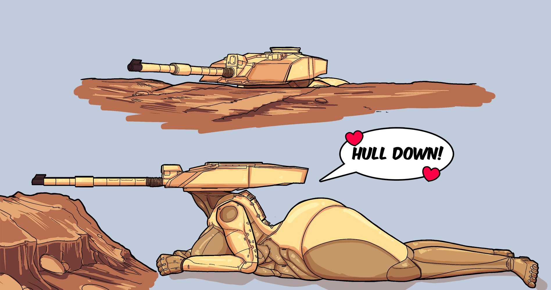 animate inanimate, ass, barrel, breast squeeze, breasts, cannon, challenger 2, cover, crisis-omega, female, female focus, female only, hull down, laying on stomach, living machine, living tank, living vehicle, simple background, speech bubble, tagme, tank, tank cannon, tankmorph, text, thick ass, thick thighs