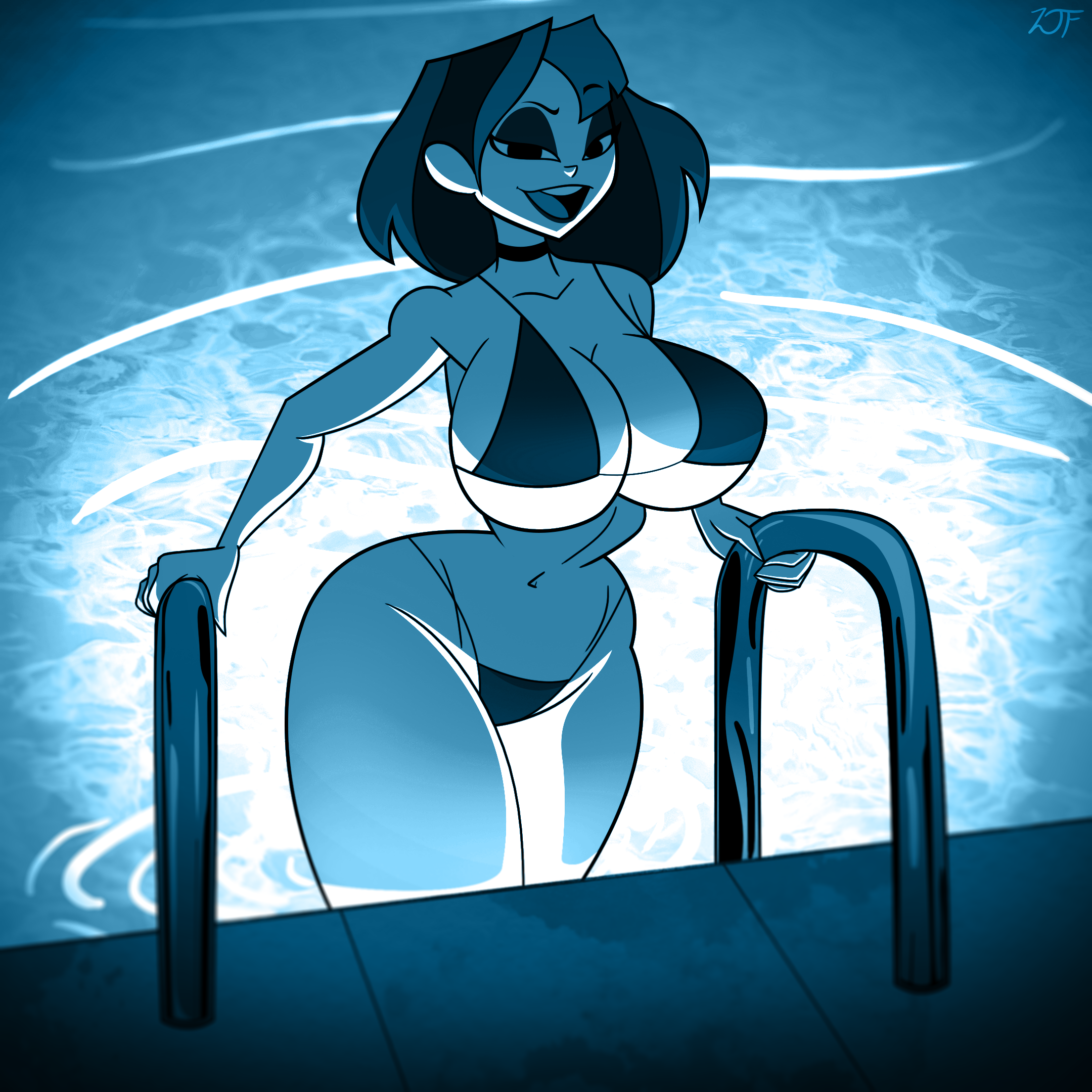 1girls, ass, belly, belly button, big ass, big breasts, bikini, black bikini, black eyes, blue filter, breasts, choker, eyeshadow, female, goth, green hair, green lipstick, gwen (tdi), navel, pinup, pool, rustysh4ckl3ford, short hair, smile, thick ass, thick thighs, total drama (series), total drama island, turquoise hair, water, wide hips