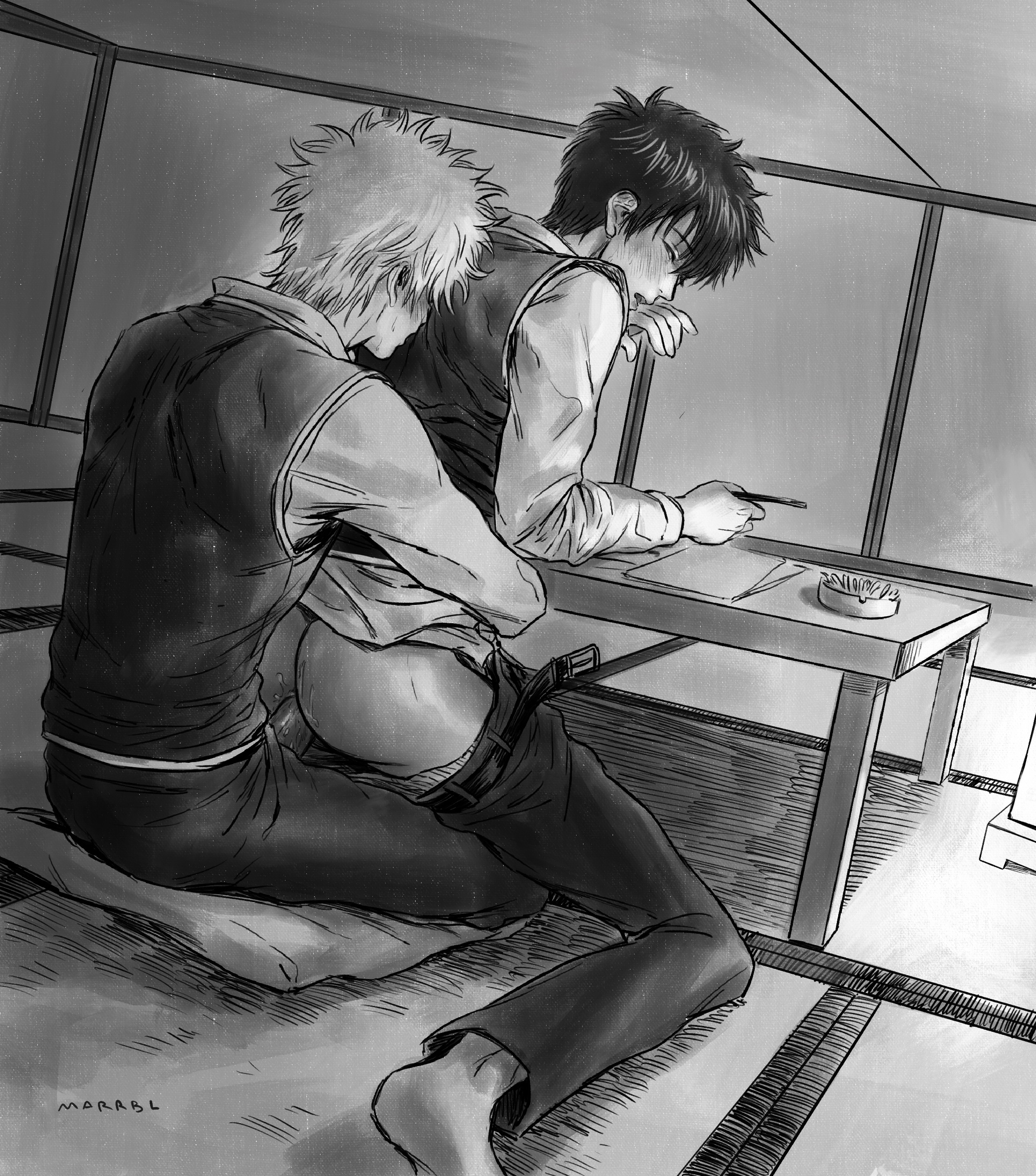 2boys, anal, anal juice, anal sex, blush, clothed sex, desk, from behind, gay, gintama, gintoki sakata, hijikata toshiro, hugging from behind, indoors, looking back, male, male only, marrbl, monochrome, pants down, shinsengumi (gintama), sitting, sitting on lap, sitting on person, tatami, uncensored, uniform, yaoi