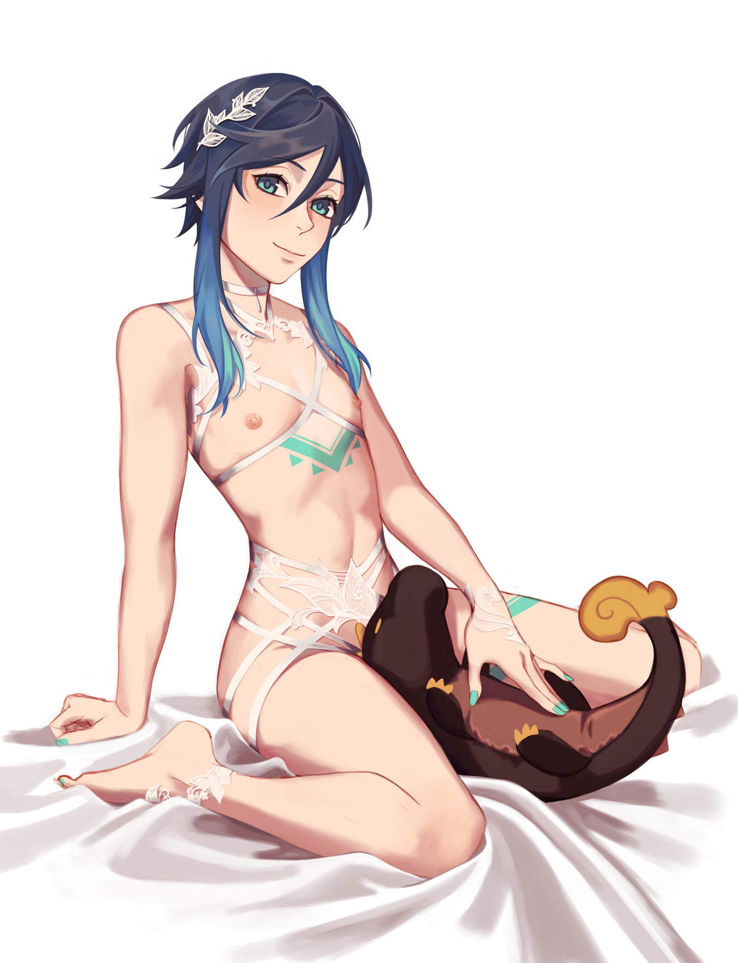 1boy, barefoot, black hair, blue hair, femboy, genshin impact, gradient hair, hair down, lingerie, looking at viewer, male, male only, nipples, plushie, smile, syruuscloset, trap, venti (genshin impact)