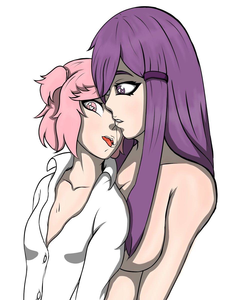 2girls arant_king doki_doki_literature_club drool duo female female/female female_only heart-shaped_pupils heart_eyes kissing multiple_girls naked natsuki_(doki_doki_literature_club) natsuri nude pink_eyes pink_hair purple_eyes purple_hair saliva tongue tongue_out unbuttoned_shirt white_background white_shirt yuri yuri_(doki_doki_literature_club)