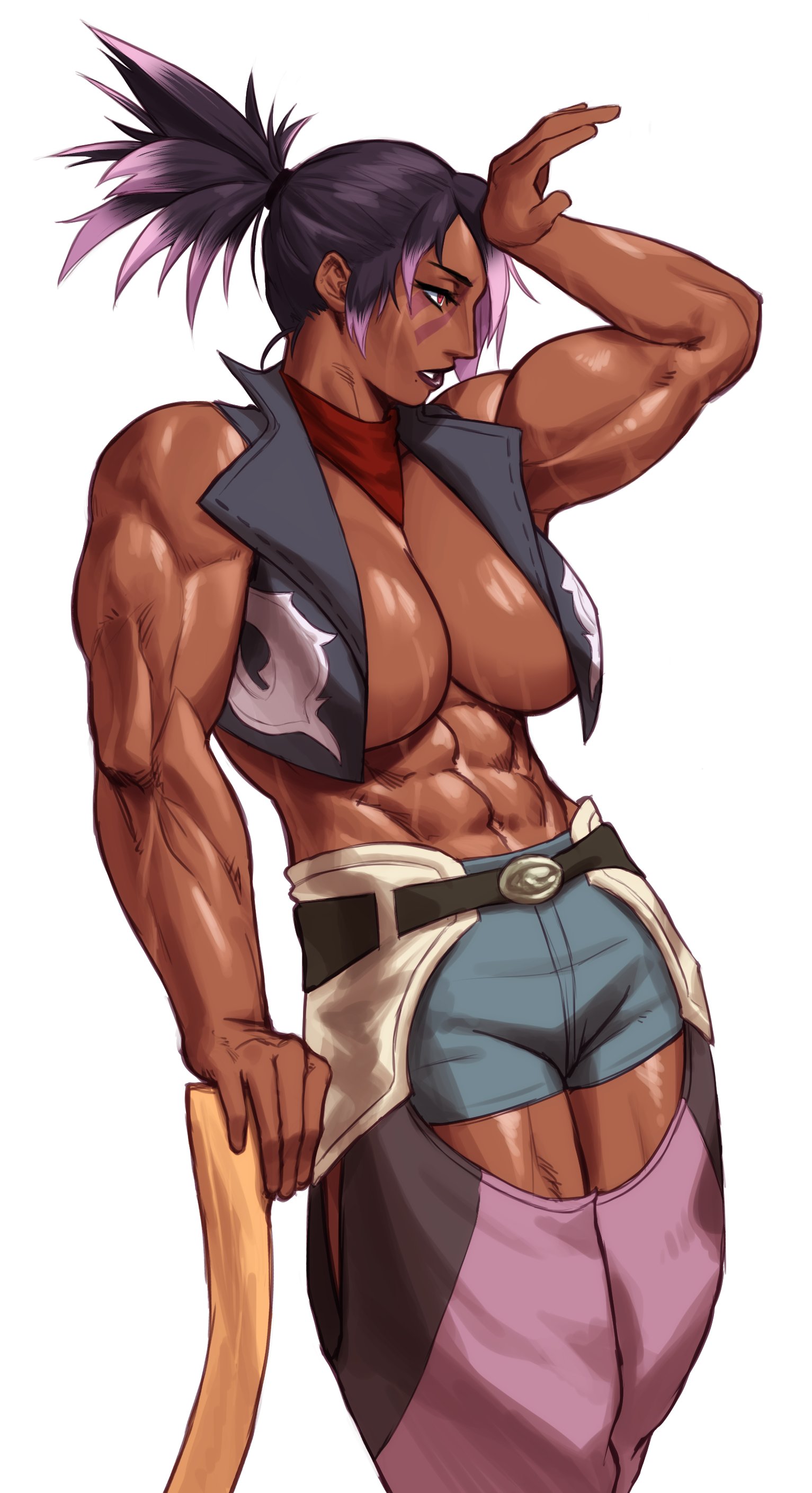 1girls, abs, big breasts, black hair, breasts, commission, cowboy outfit, dark skin, dark-skinned female, female, female only, highlights (coloring), inner sideboob, leaning, muscles, muscular, muscular female, pink highlights, ponytail, solo, sotcho, thick thighs, very high resolution