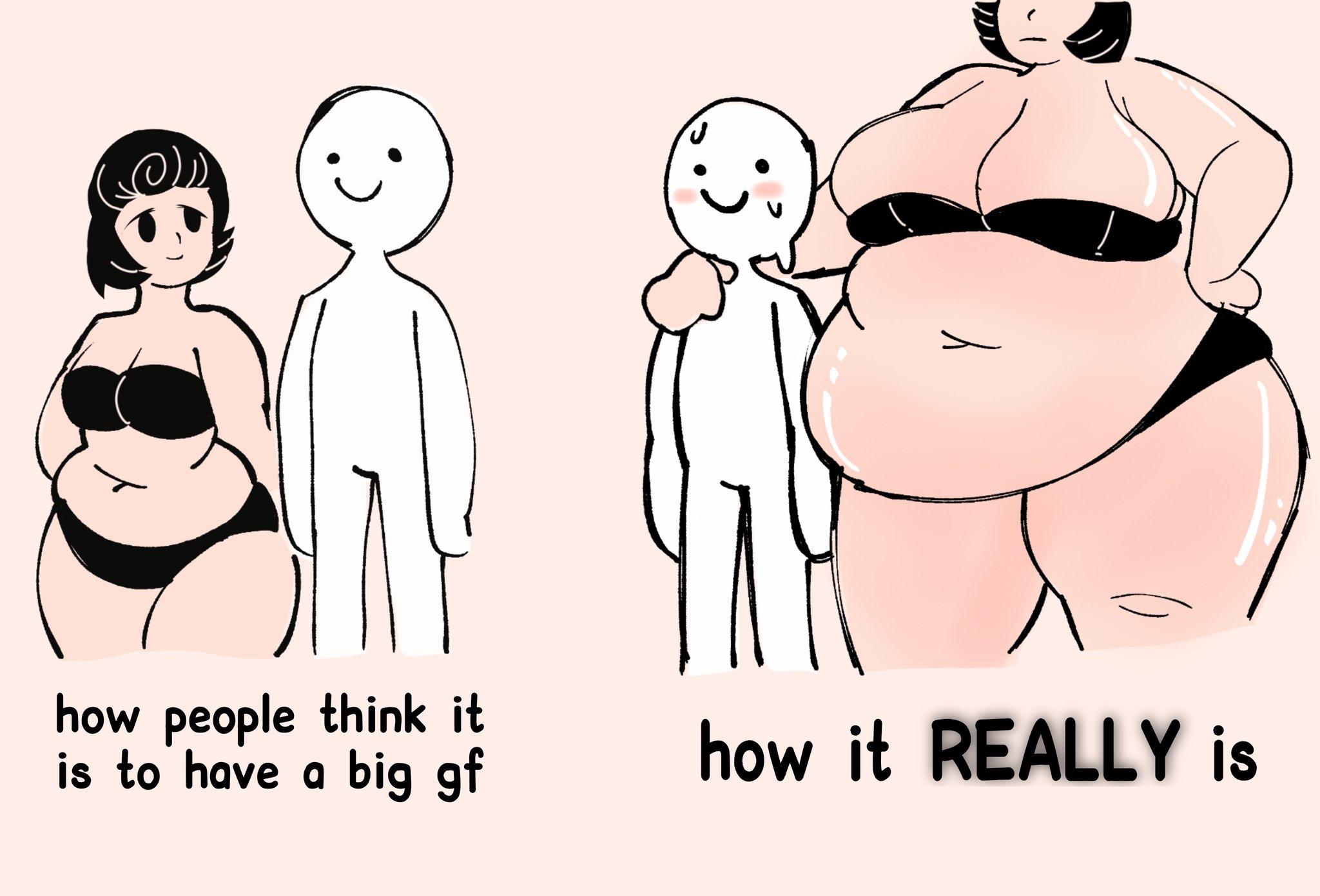 1boy, 1girls, ass, belly, big ass, big belly, big breasts, blush, breasts, chubby, fat, fat ass, female, huge ass, huge belly, huge thighs, larger female, male, massive belly, mochaaamilk, obese, overweight, size difference, smaller male, sweat, thick thighs, wide hips