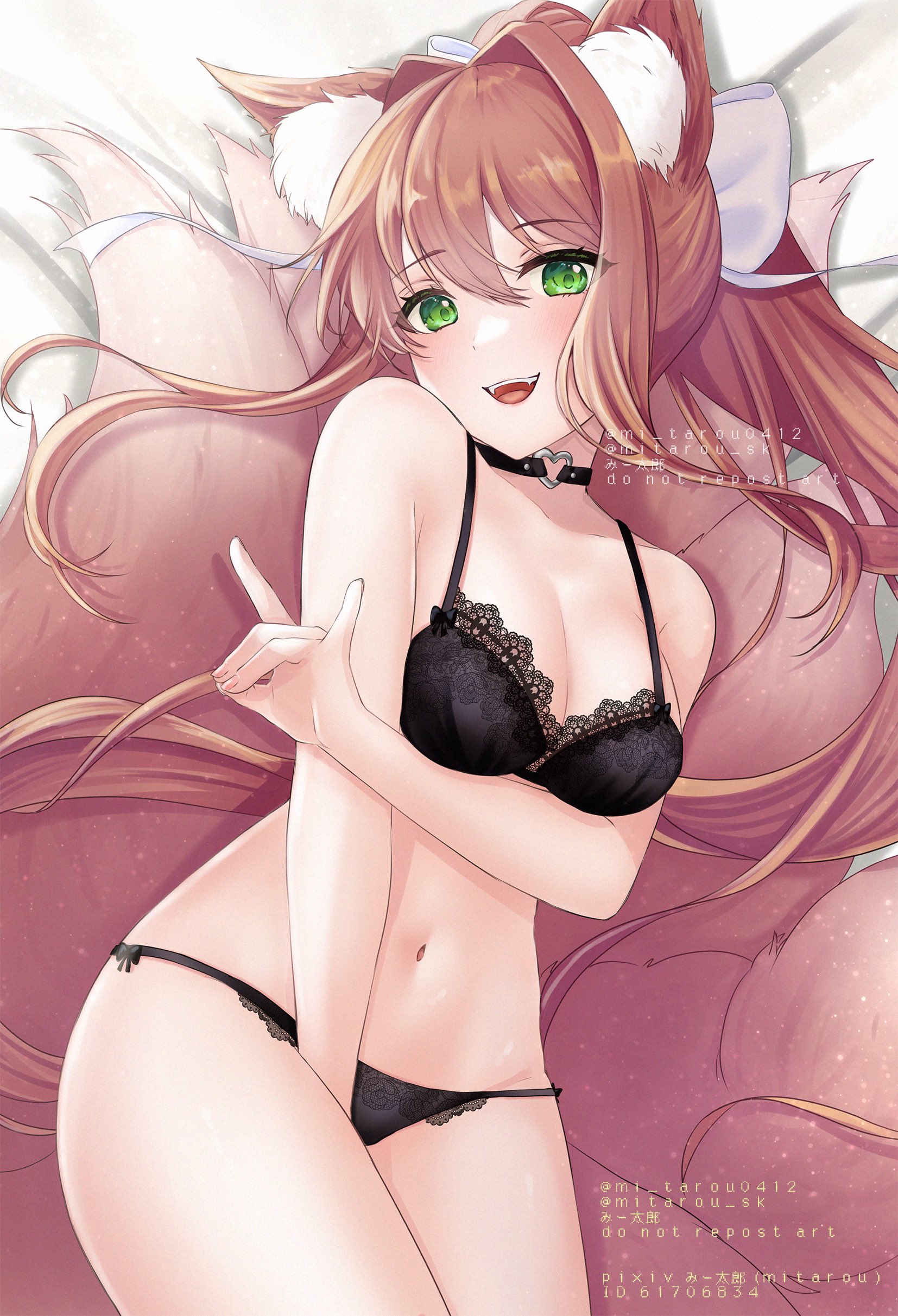 almost nude, black bra, black panties, bow, bra, brown hair, cat ears, collar, doki doki literature club, ear fluff, fangs, female, green eyes, heart collar, laying down, looking at viewer, mitarou sk, monika (doki doki literature club), neko, no tail, open mouth, panties, white bow