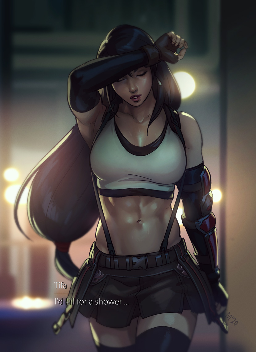 abs arm_guards arm_up armpits black_hair blurry blurry_background breasts cleavage closed_eyes crop_top elbow_gloves english_text female female_abs final_fantasy final_fantasy_vii final_fantasy_vii_remake girl_abs girly_abs gloves large_breasts light-skinned_female long_hair low-tied_long_hair midriff muscular_female navel pale-skinned_female parted_lips pleated_skirt rennerei skirt solo solo_female square_enix standing stomach subtitled suspenders sweat tank_top tifa_lockhart toned wiping_forehead