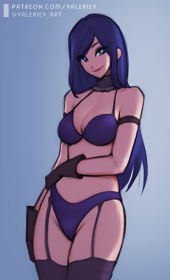 1girls artist_name blue_eyes bra caitlyn_kiramman cleavage clothing female female_only garter_straps gloves league_of_legends legs_together light-skinned_female light_skin lingerie long_hair matching_underwear panties patreon_username purple_bra purple_hair purple_panties smile smiling thighhighs valerie-v