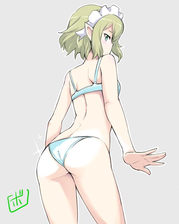 1girls ass back blue_bra blue_panties bowieknife bra dungeon_ni_deai_wo_motomeru_no_wa_machigatteiru_darou_ka elf from_behind green_eyes green_hair grey_background looking_back maid_headdress open_hand panties pointy_ears ryuu_lion short_hair solo sparkle underwear underwear_only