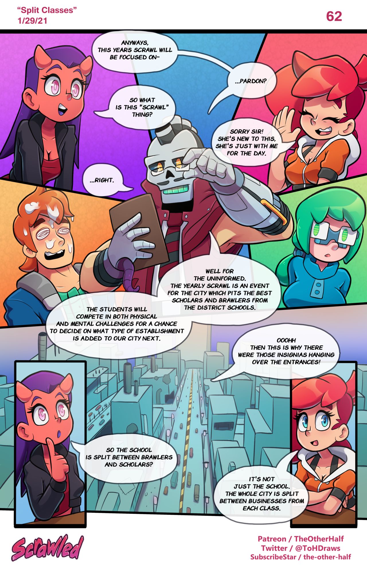 2021 asipelli_(the_other_half) blue_eyes chuck_(the_other_half) colleen_(the_other_half) comic demon_girl english_text female glasses green_hair horns nera_(the_other_half) page_62 patreon_username purple_hair red_hair scrawled speech_bubble tagme text the_other_half twitter_username