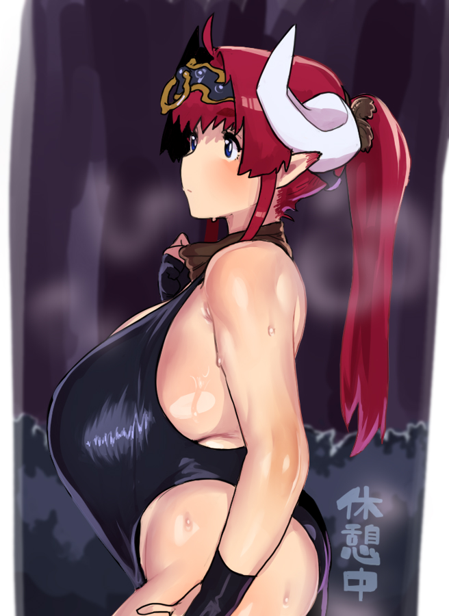 1girls blush breasts dress elf_ears gen'en_(sioherashi) gloves gown horns huge_breasts pointy_ears ponytail red_hair sideboob steam steaming_body sweat sweaty tiara