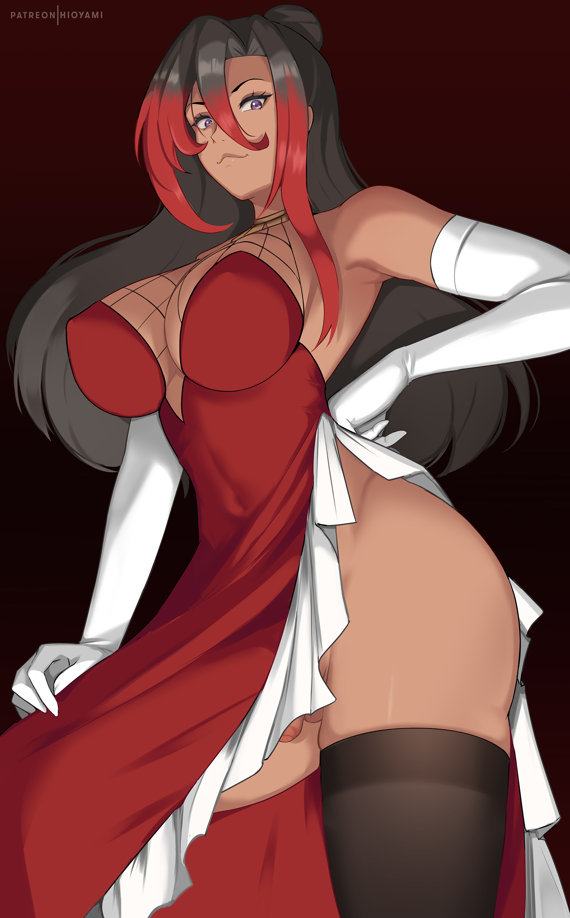 1futa, 2022, black hair, breasts, clothed, clothing, dark skin, dark-skinned futa, elbow gloves, erect nipples under clothes, flaccid, flaccid penis, foreskin, futa only, futanari, gloves, hair bun, hand on hip, hioyami, hips, huge breasts, human, intersex, kono subarashii sekai ni shukufuku wo!, long hair, looking at viewer, low-angle view, mostly clothed, no panties, one leg up, penis, penis under dress, purple eyes, red dress, red hair, skindentation, slim waist, solo, standing, sylvia (konosuba), thick thighs, thighs, two-tone hair, uncircumcised, uncut, white gloves, wide hips