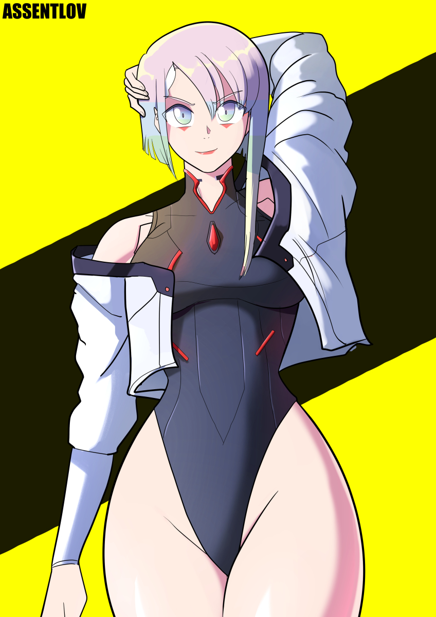 1girls, assentlov, cd projekt red, clothed, clothing, crop top, cyberpunk 2077, cyberpunk: edgerunners, female, fully clothed, highleg leotard, leotard, lucyna kushinada, netflix, studio trigger, tagme, white hair