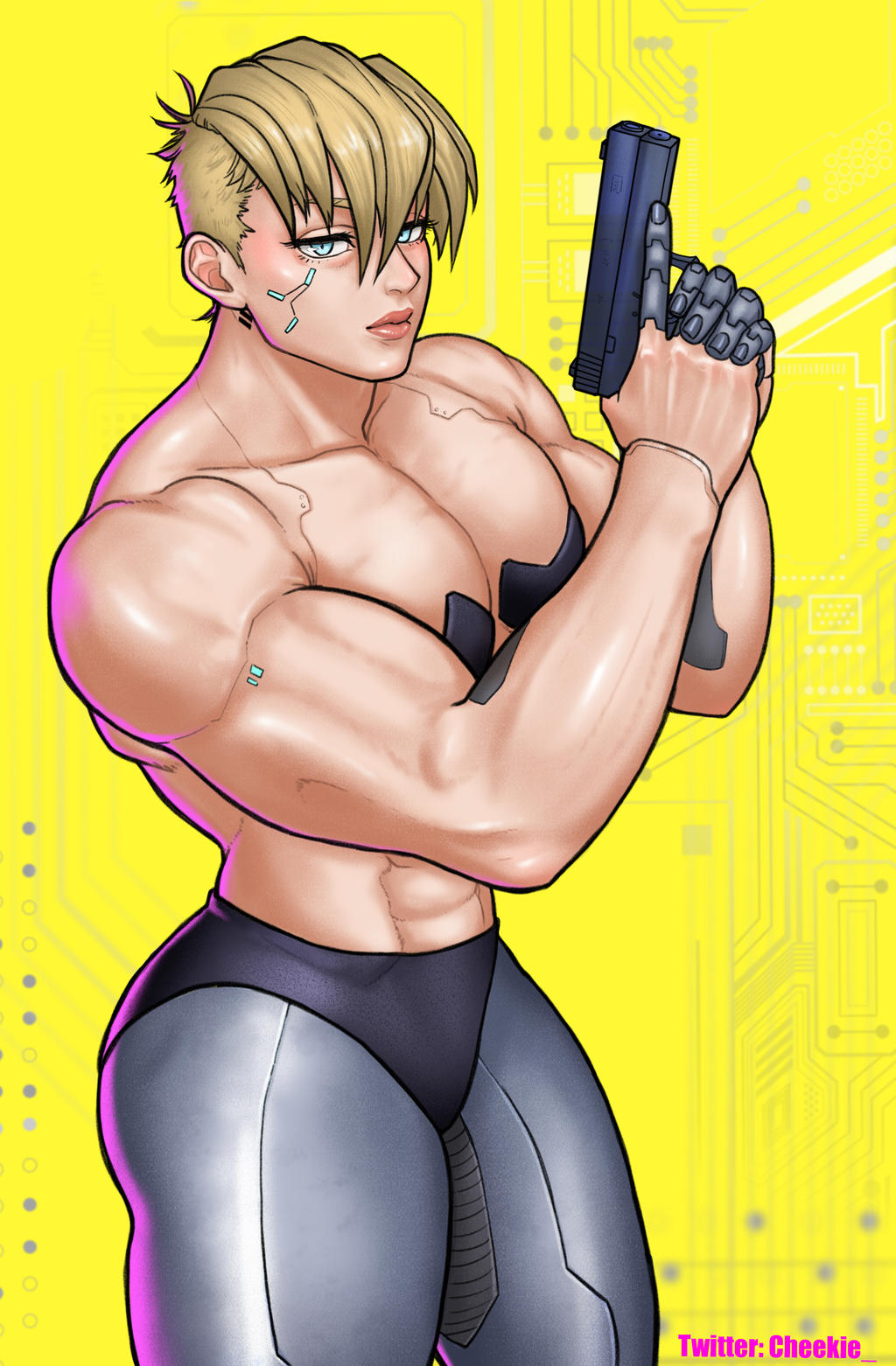 1girls abs big_ass big_biceps big_breasts blonde_hair cd_projekt_red cheekie0 cyberpunk:_edgerunners cyberpunk_2077 dorio_(edgerunners) female female_only gun light-skinned_female light_skin muscular muscular_female netflix studio_trigger text thick_thighs weapon