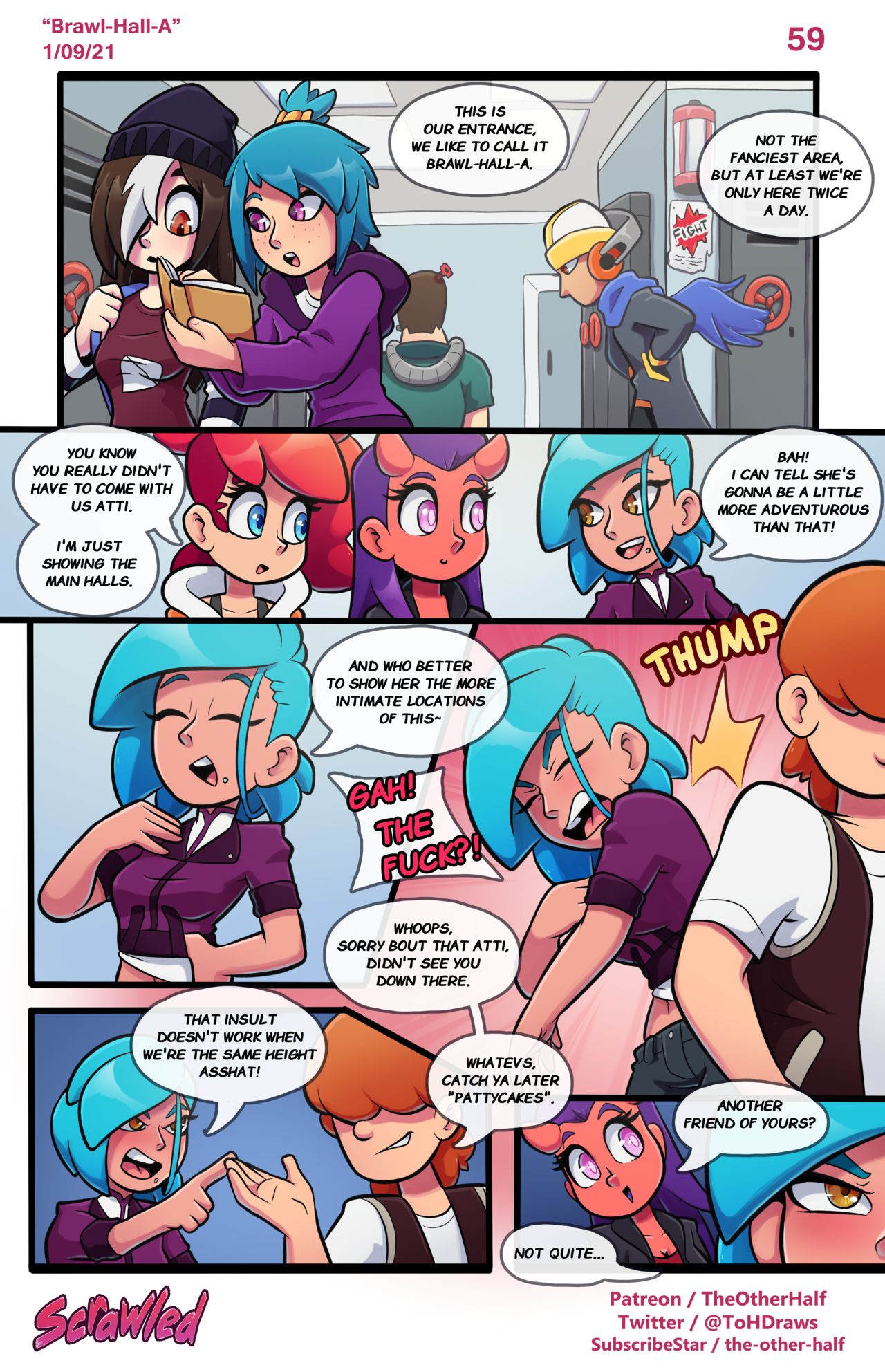 asipelli_(the_other_half) atti_(the_other_half) comic demon_girl english_text female horns nera_(the_other_half) page_59 patreon_username purple_hair red_hair scrawled speech_bubble tagme text the_other_half twitter_username