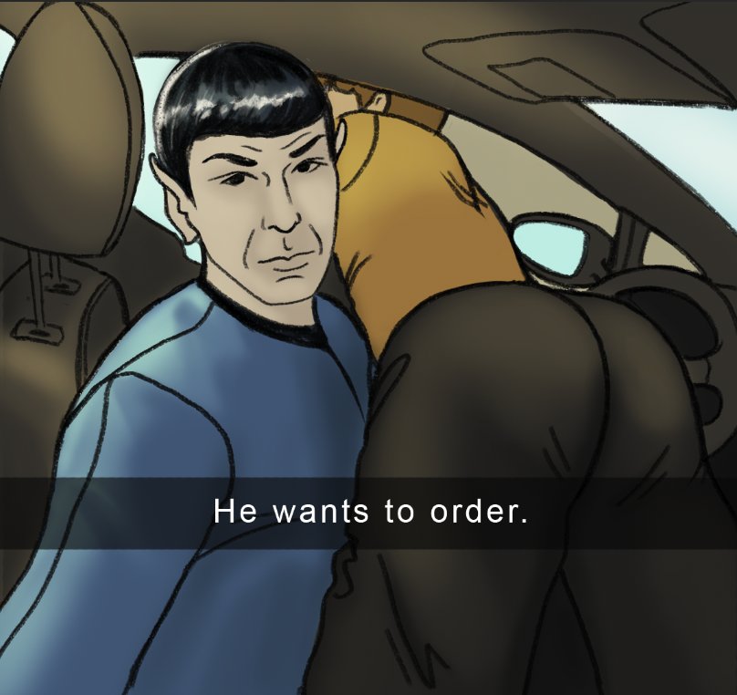 2022 alien ass blue_shirt clothed duo english_text golden_shirt he_wants_to_order human humanoid in_car james_t._kirk light_skin looking_at_viewer male meme pale_skin pointy_ears sitting spock star_trek star_trek_the_original_series starfleet_uniform text