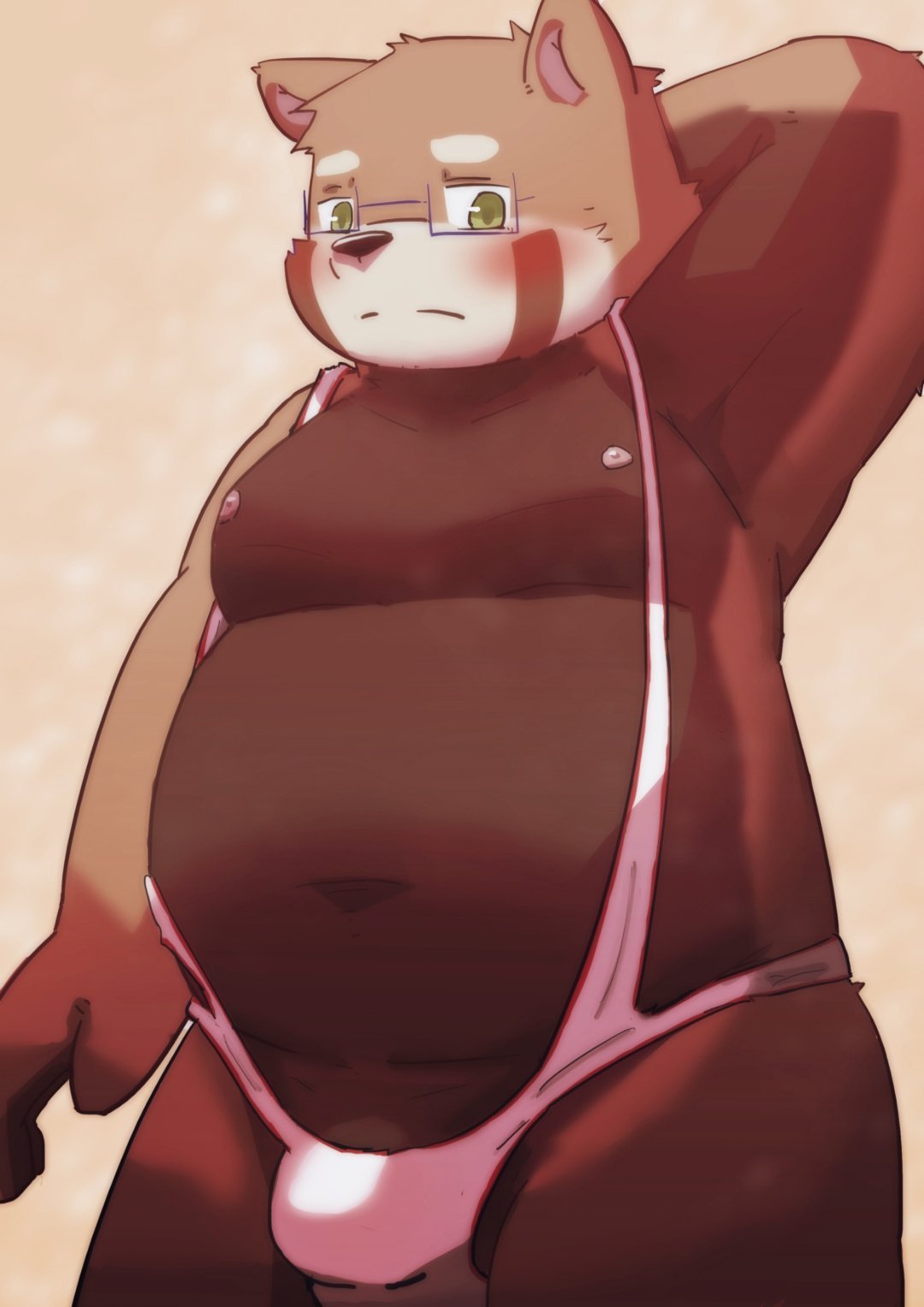 2022 ailurid anthro belly blush brown_body bulge clothing eyewear glasses green_eyes hi_res humanoid_hands kemono male mammal moobs navel nipples overweight overweight_male pixiv_id_54092237 red_panda solo underwear