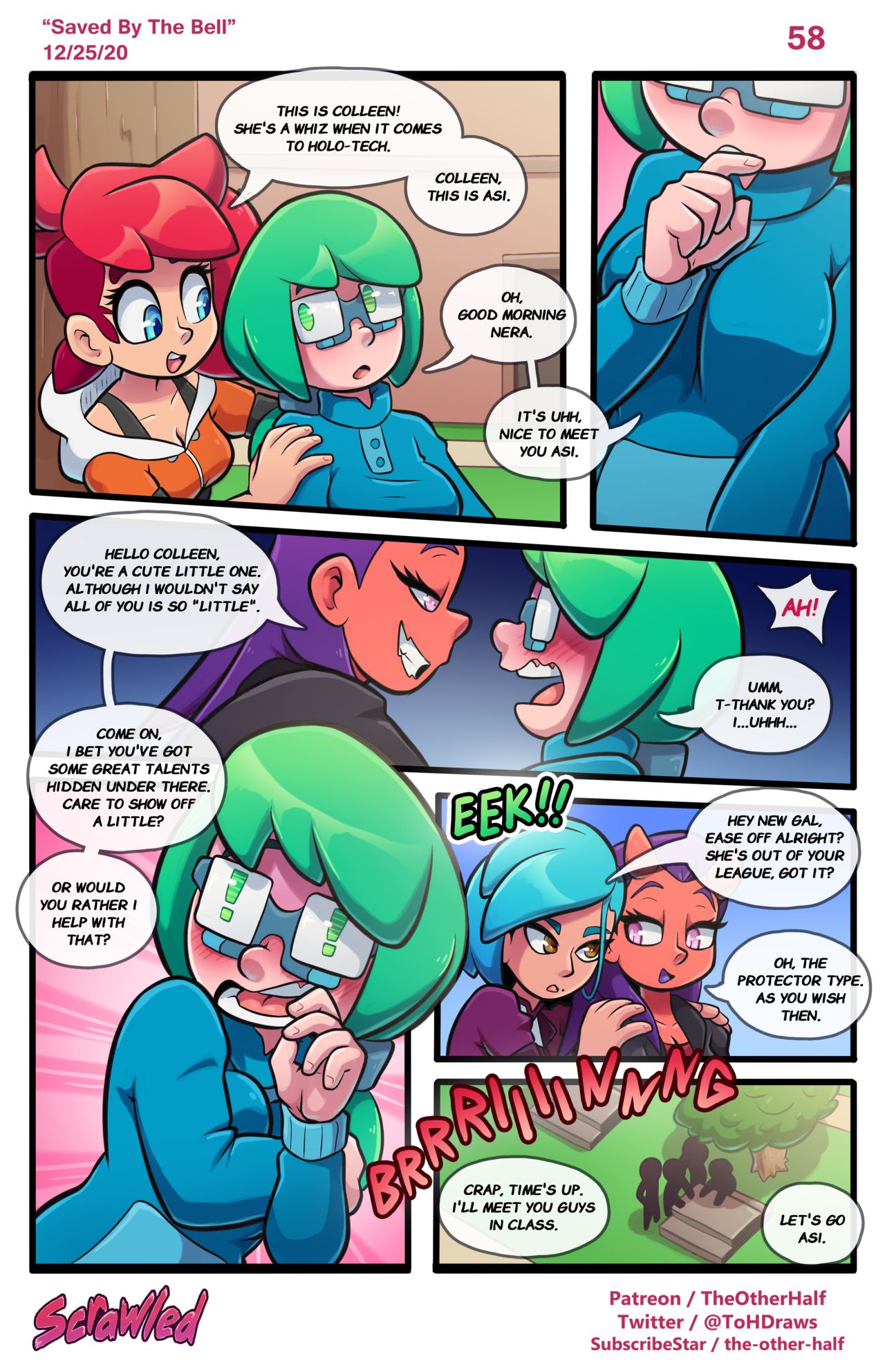 asipelli_(the_other_half) atti_(the_other_half) blush colleen_(the_other_half) comic demon_girl english_text female glasses green_hair horns nera_(the_other_half) page_58 patreon_username purple_hair red_hair scrawled speech_bubble tagme text the_other_half twitter_username