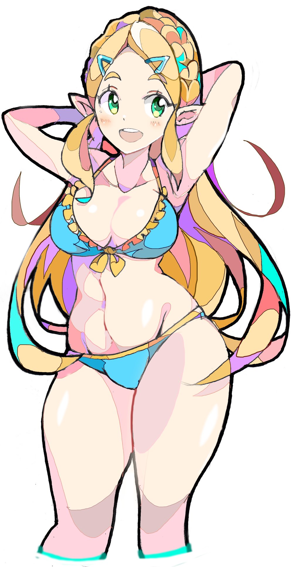 1girls, 2022, blonde hair, breasts, breath of the wild, enpe, female, female only, green eyes, hips, huge breasts, hylian, light skin, light-skinned female, long ears, long hair, nintendo, pointy ears, princess, princess zelda, royalty, slim waist, smile, the legend of zelda, thick thighs, thighs, wide hips, zelda (breath of the wild)