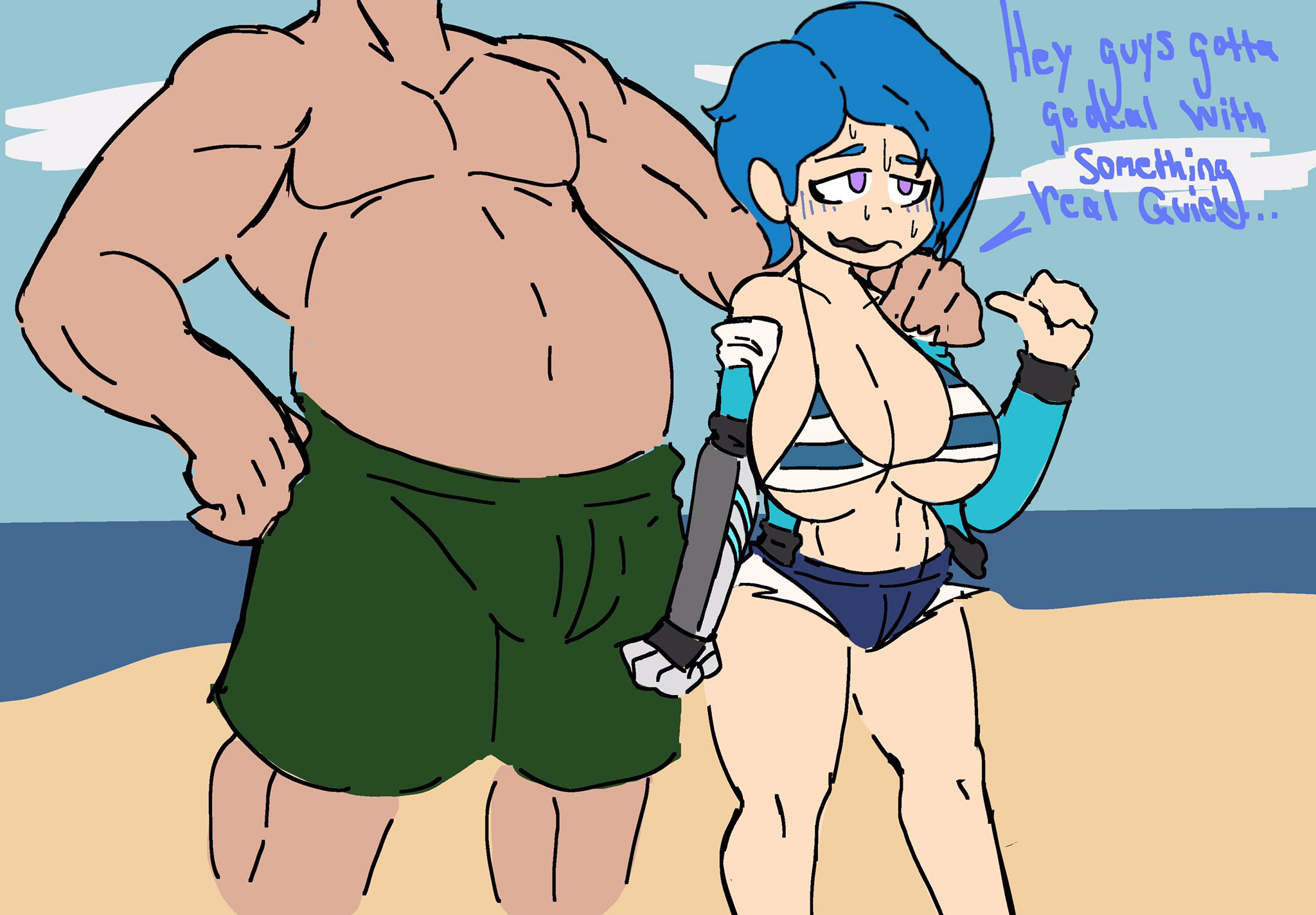 1boy, 1girls, beach, bikini, bikini top, blue hair, breasts, female, ghastlypann, huge breasts, male, robotic arm, short jeans, smg4, smg4 art, tagme, tari (smg4)