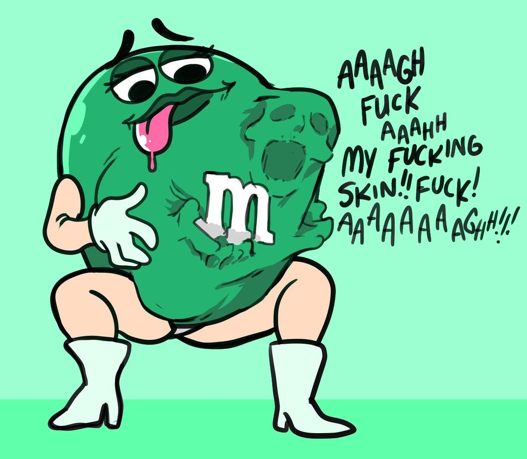 belly_bulge bones boots burning candy cartoony cruel_pred cruelty digesting digestion dying fatal food gloves green_skin hard_digestion living_candy living_food m&m's mr_rattleb0nes ms._green pleasure_face screaming skeleton stomach_bulge suffering tongue_out unwilling_prey unwilling_vore vore what