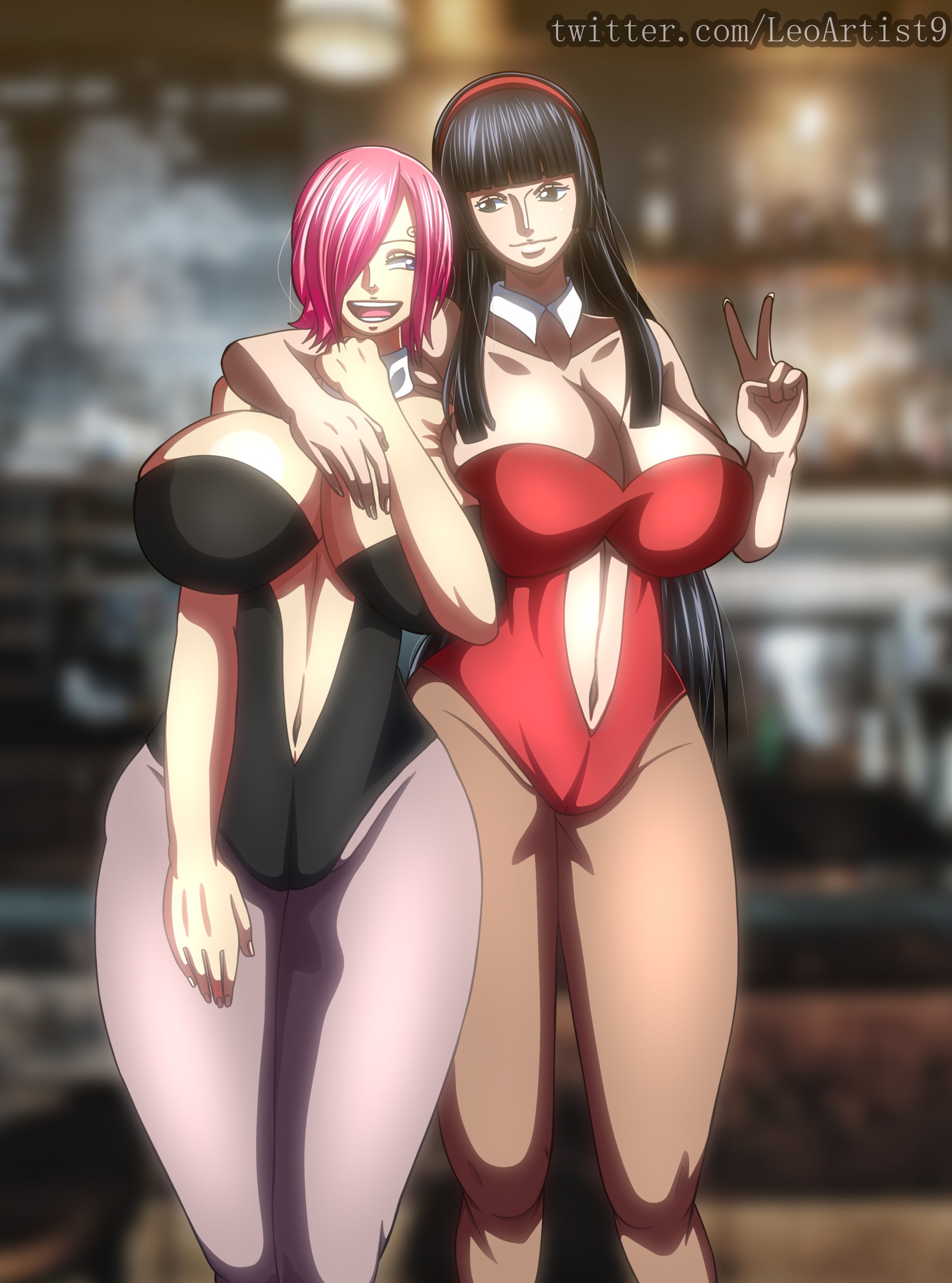 2girls, big breasts, black hair, black-haired female, breasts, bunnysuit, female, female only, leoartist8, nico robin, one piece, pink hair, pink-haired female, pre-timeskip, vinsmoke reiju