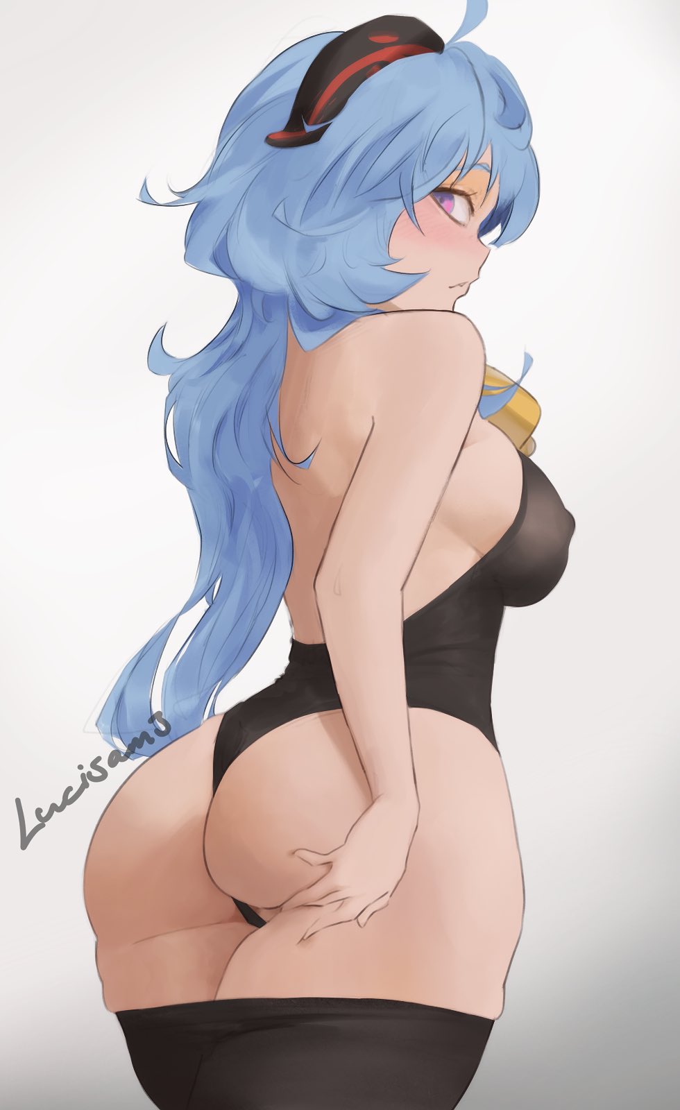 1girls, ass, big ass, big butt, blue fur, breasts, female, ganyu (genshin impact), genshin impact, horns, legwear, leotard, long hair, lucisam, nipple bulge, purple eyes, sideboob, solo, solo female, standing, thick thighs, thighhighs, thighs