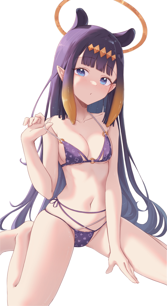 1girls, 2d, bikini pull, blue eyes, blush, breasts, color, eyebrows visible through hair, female, female only, highres, hololive, hololive english, hololive myth, light skin, light-skinned female, long hair, medium breasts, multicolored hair, ninomae ina'nis, orange hair, purple bikini, purple hair, shironekokfp, simple background, solo, two-tone hair, virtual youtuber, white hair