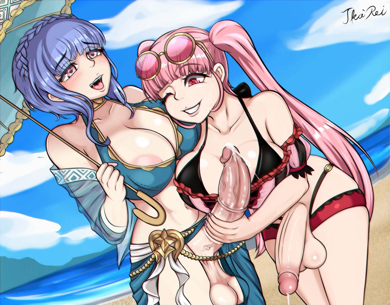 2futas alternate_costume areolae atelierikarei balls bangs beach big_balls big_breasts big_penis bikini blue_bikini blue_hair blue_swimsuit breasts brown_eyes cleavage clothed clothing duo erection female_pubic_hair fire_emblem fire_emblem:_three_houses fire_emblem_heroes futa_on_futa futa_only futanari grin handjob hilda_valentine_goneril hilda_valentine_goneril_(summer) human ikarei large_breasts light-skinned_futanari light_skin long_hair marianne_von_edmund marianne_von_edmund_(summer) medium_hair mostly_nude nintendo nipples niseruhito official_alternate_costume pale_skin parasol penis pink_bikini pink_eyes pink_hair pink_swimsuit pubic_hair sagging_balls sarong smile standing swimsuit twintails umbrella uncensored