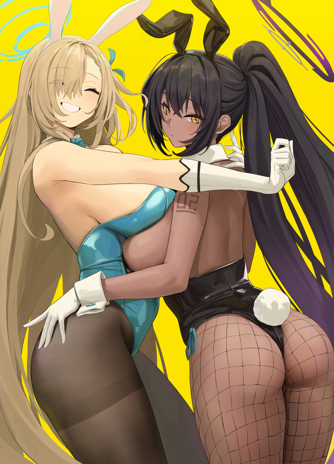 2022, 2girls, ass, ass grab, asuna (blue archive), asuna (bunny) (blue archive), black hair, black leotard, blonde hair, blue archive, blue eyes, blue leotard, breasts, brown skin, bunny ears, bunny girl, bunny tail, bunnysuit, chela77, chocolate and vanilla, dark skin, dark-skinned female, female, female only, fishnet legwear, fishnets, hair over one eye, hand on another's ass, hand on another's shoulder, highleg leotard, hips, huge ass, huge breasts, karin (blue archive), karin (bunny) (blue archive), leotard, light skin, light-skinned female, long hair, millennium science school student, shiny pantyhose, slim waist, smile, thick thighs, thighs, tights, very long hair, wide hips, yellow eyes