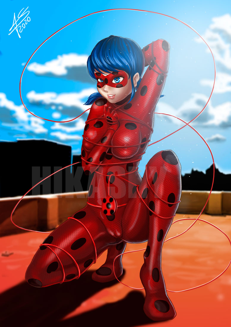 1girls 2020 2020s 2d 2d_(artwork) armpits artist_signature big_breasts blue_eyes blue_hair bodysuit cameltoe clothing clouds day domino_mask eyes female female_only france hair hand_between_breasts hikashy jpeg ladybug_(character) lens_flare marinette_dupain-cheng miraculous:_tales_of_ladybug_and_cat_noir miraculous_ladybug nipple_bulge open_eyes outdoor outdoors pigtails rooftop rope_bondage signature solo superheroine teeth tf1 tied_up watermark yo-yo