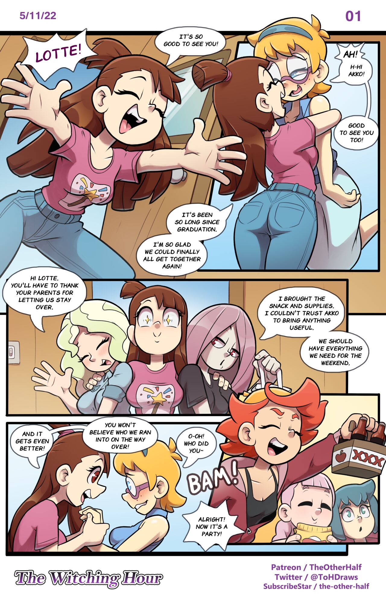 6+girls akko_kagari amanda_o'neill comic english_text female female_only little_witch_academia page_1 speech_bubble tagme the_other_half the_witching_hour twitter_username