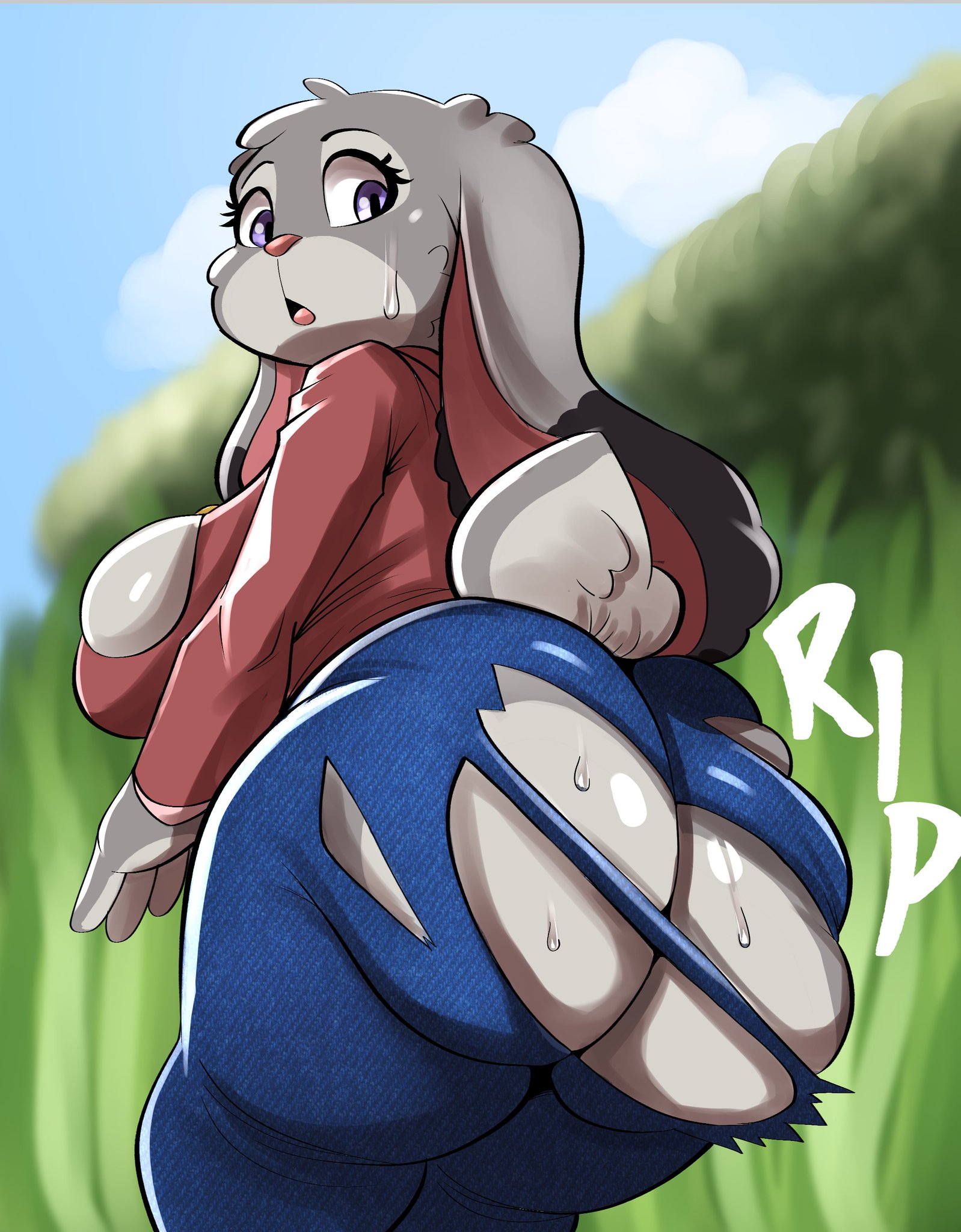 1girls, anthro, ass, big ass, breasts, clothing, female, female only, grass, huge ass, judy hopps, lagomorph, large breasts, nathanatwar, outside, rabbit, solo, tearing open bottoms, torn clothes, wardrobe malfunction, whateverdoes, zootopia