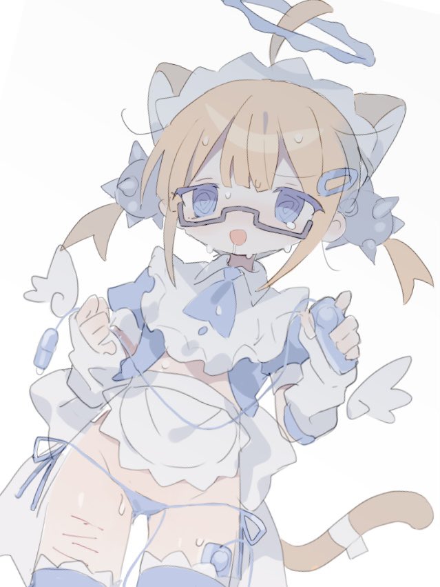 @_@ ahoge angel angel_wings animal_ears apron arm_warmers ascot bangs blue_ascot blue_eyes blue_panties blue_skirt blue_thighhighs cat_ears cat_girl cat_tail cowboy_shot crop_top cropped_shirt cuts daizu_(melon-lemon) detached_wings drooling egg_vibrator female glasses hair_ornament hairclip halo holding injury looking_at_viewer maid_headdress open_mouth orange_hair original panties puffy_short_sleeves puffy_sleeves remote_control_vibrator ribbon self_harm semi-rimless_eyewear sex_toy short_sleeves short_twintails side-tie_panties sidelocks simple_background skirt solo spike_ball spike_ball_hair_ornament standing string_panties sweat tail tail_ornament tail_ribbon thighhighs twintails under-rim_eyewear underwear vibrator vibrator_under_clothes vibrator_under_panties waist_apron white_apron white_background wings