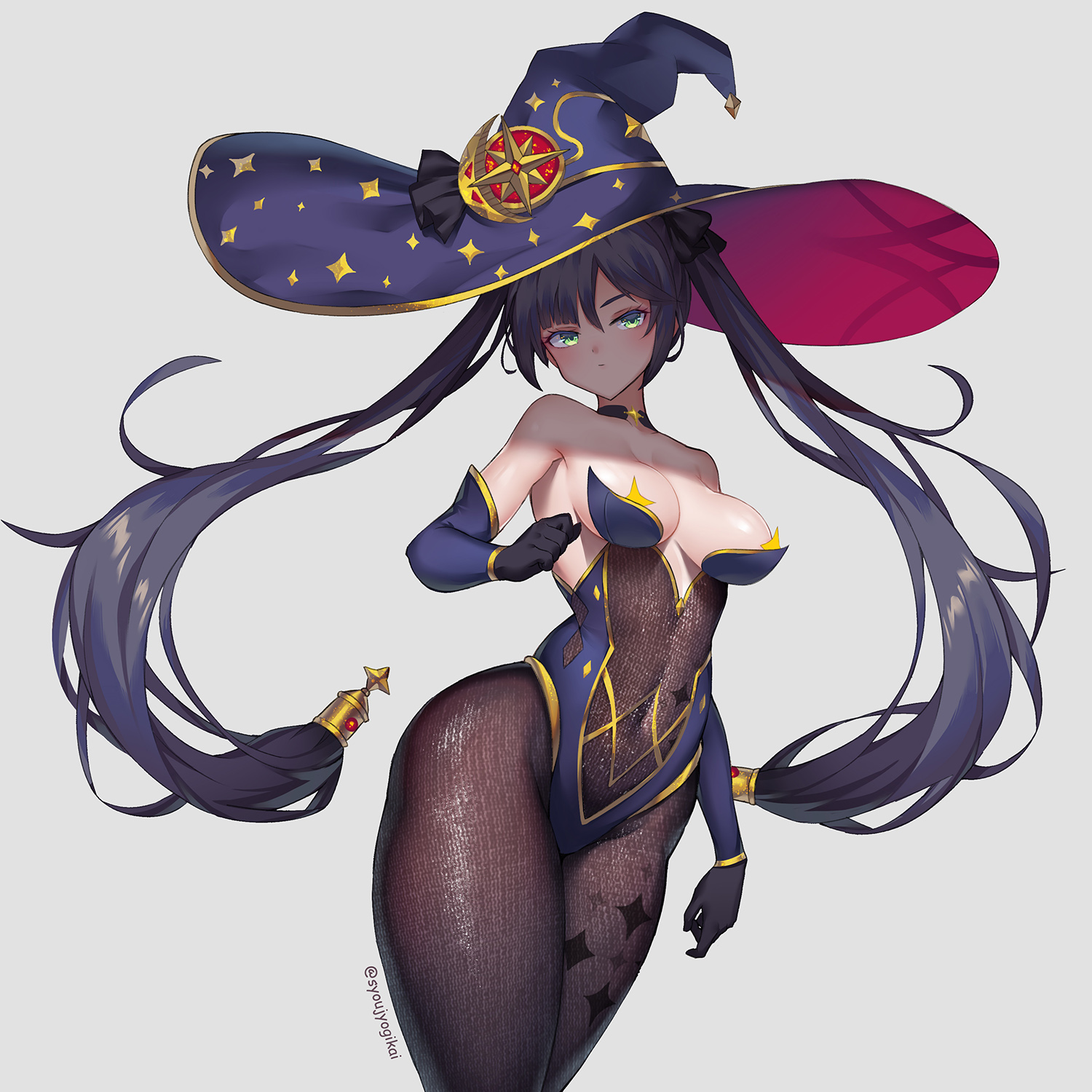 black gloves, black hair, black pantyhose, blue headwear, blue leotard, bodystocking, breasts, commentary, covered navel, detached sleeves, elbow gloves, female, genshin impact, gloves, gold trim, green eyes, hat, hat ornament, highleg, highleg leotard, highres, large breasts, leotard, long hair, looking at viewer, mahou kyuuri, mona (genshin impact), pantyhose, solo, thighlet, thighs, twintails, witch hat
