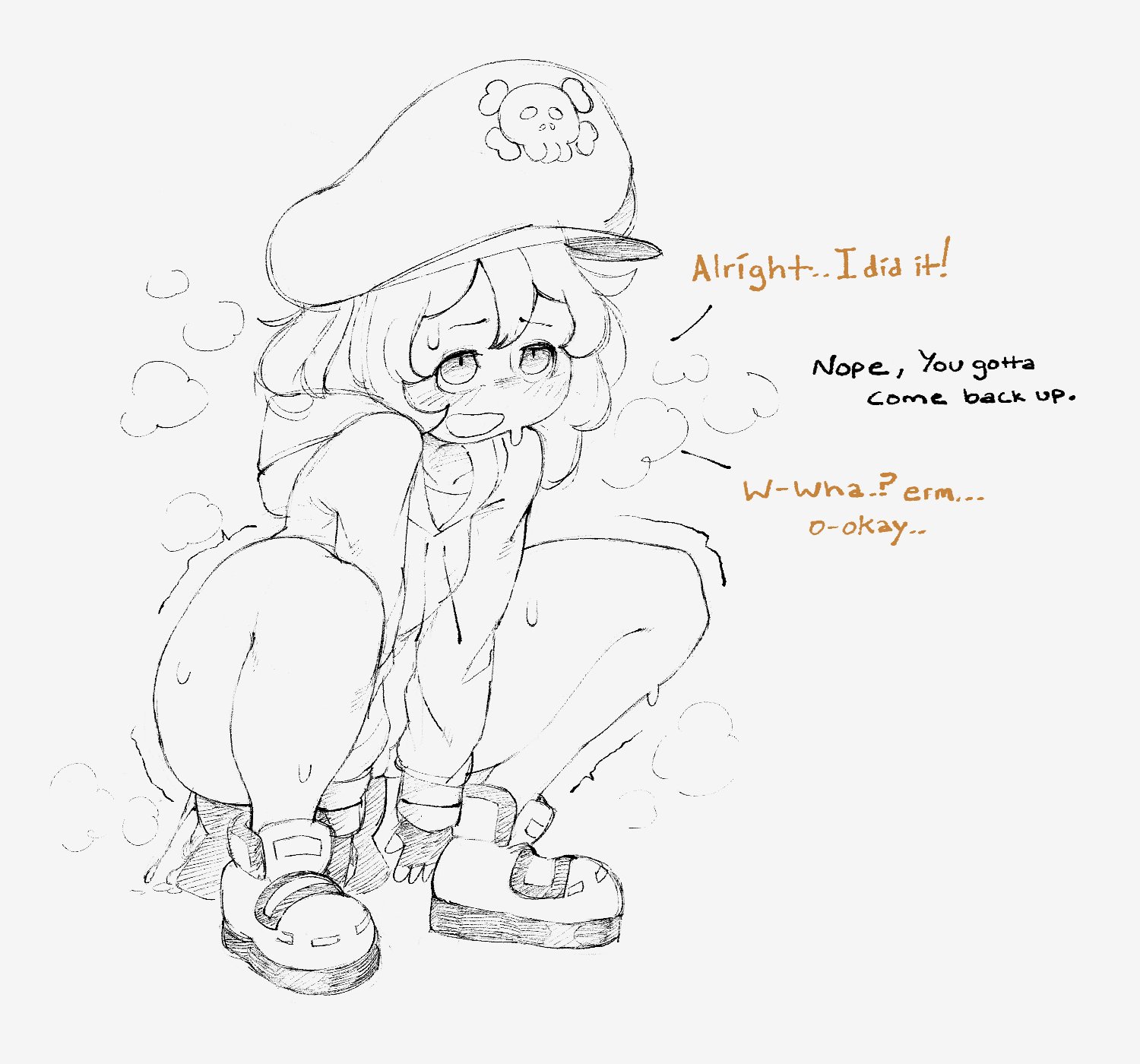 after anal, after sex, anal, anal addiction, anal invitation, anal orgasm, anal penetration, anal suggest, ass, dialogue, dildo, dildo in ass, dildo sitting, female, female orgasm, guilty gear, hat, hoodie, huge cock, male, may (guilty gear), monochrome, orgasm, orgasm face, penetration, penis, pubsnsfw, sex toy, squatting, steam, thick thighs