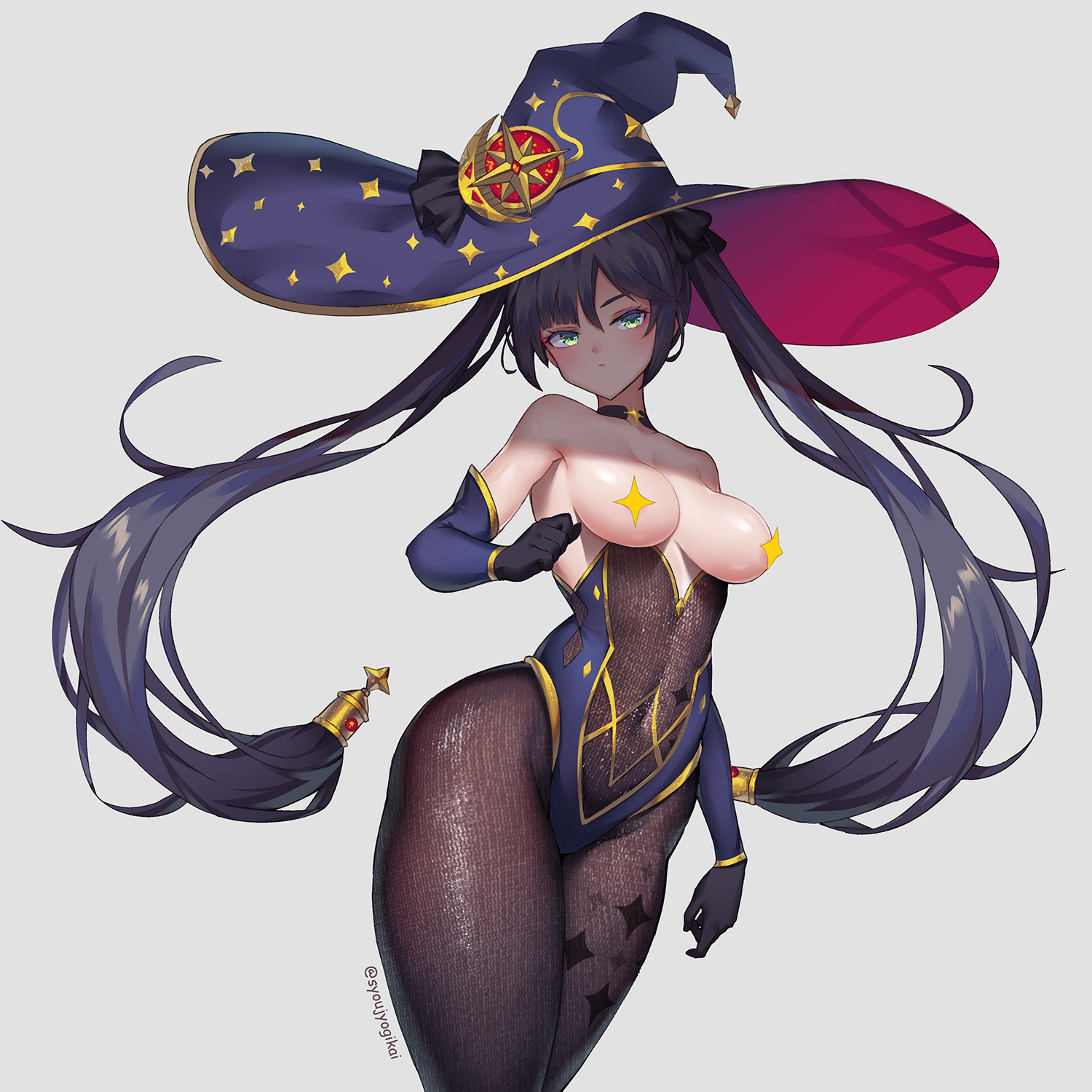 black gloves, black hair, black pantyhose, blue headwear, blue leotard, bodystocking, breasts, breasts out, censored, commentary, covered navel, detached sleeves, elbow gloves, female, genshin impact, gloves, gold trim, green eyes, hat, hat ornament, highleg, highleg leotard, highres, large breasts, leotard, long hair, looking at viewer, mahou kyuuri, mona (genshin impact), novelty censor, pantyhose, solo, sparkle, thighlet, thighs, twintails, witch hat