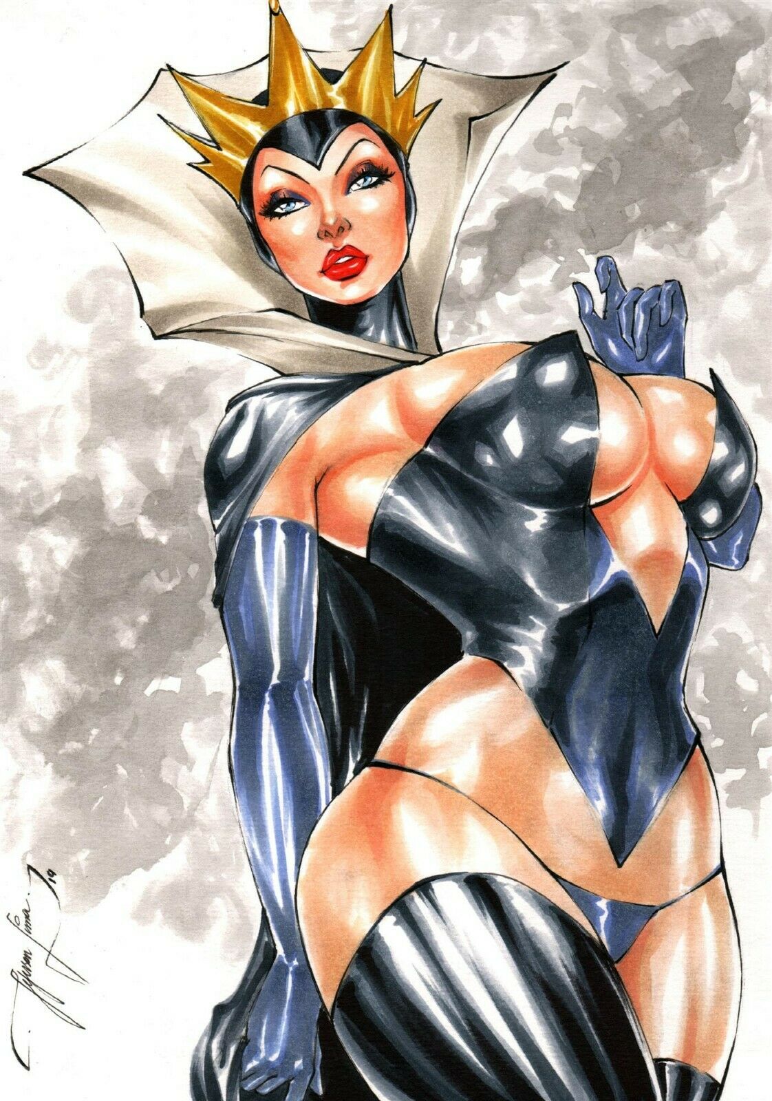 1girls big_breasts black_thighhighs black_thong bulging_breasts busty curvaceous curvy_body curvy_female curvy_figure disney disney_channel disney_villains ed_benes_studio golden_crown jeferson_lima latex_corset latex_suit red_lipstick seductive_eyes seductive_look skin_tight snow_white_and_the_seven_dwarfs solo_female solo_focus tagme the_evil_queen voluptuous voluptuous_female