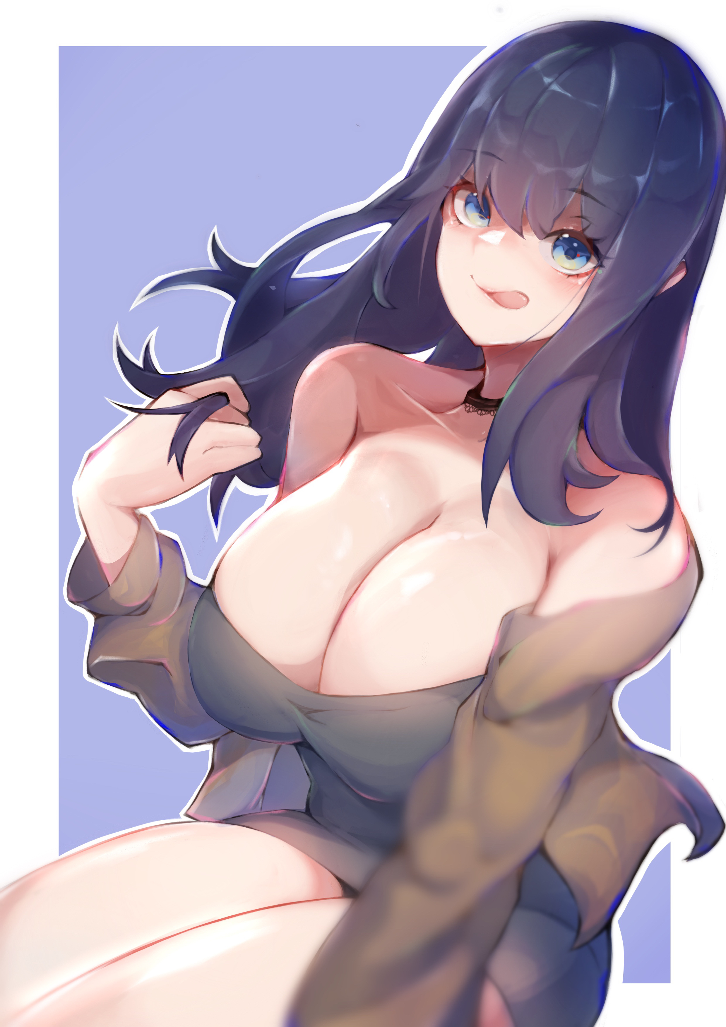 bangs, black dress, black hair, blue eyes, blunt bangs, breasts, choker, clothing, collarbone, dress, eyebrows visible through hair, female, hair between eyes, hand in own hair, highres, large breasts, licking lips, long hair, long sleeves, looking at viewer, mariobaby, shirt, simple background, sitting, smile, solo, ssss.gridman, takarada rikka, thighs, tongue, tongue out