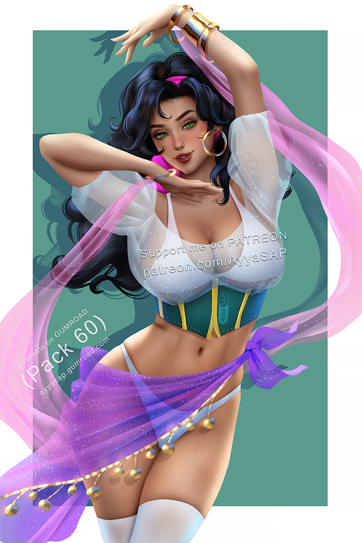 1girls ayyasap black_hair cleavage dancer dancer_outfit disney esmeralda female green_eyes gypsy large_breasts lipstick long_hair patreon_username realistic see-through_clothing solo tan-skinned_female tan_skin the_hunchback_of_notre_dame voluptuous