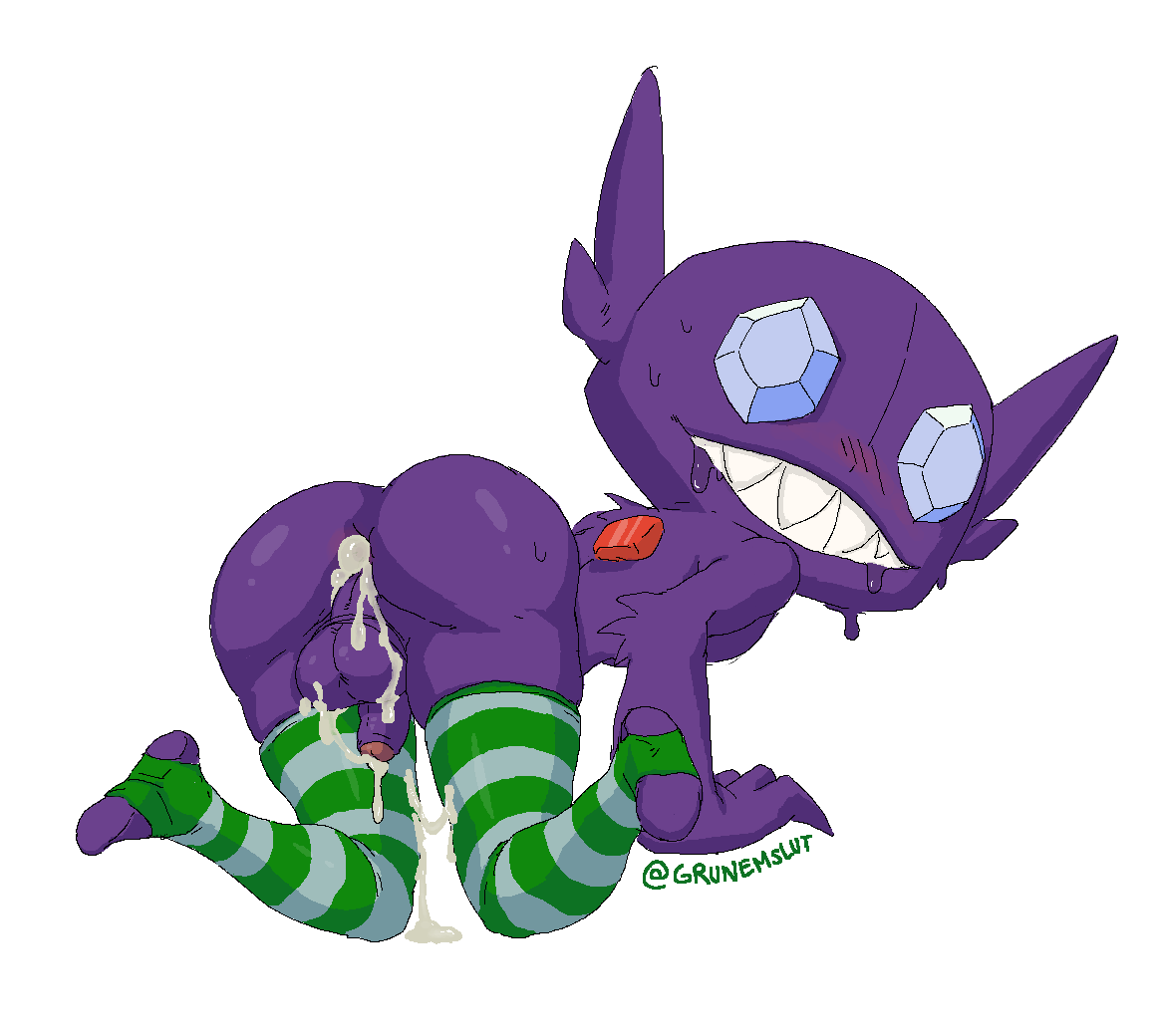 after_anal after_sex blush cum_in_ass cumdrip femboy grunemslut leaking_cum looking_back_at_viewer pokémon_(species) pokemon sableye sharp_teeth stirrup_legwear stirrup_socks striped_legwear submissive_male