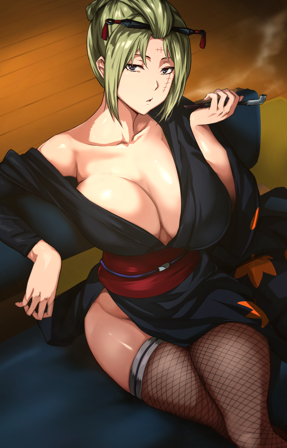 big_breasts blonde_hair cafekun cleavage crossed_legs emotionless expressionless facial_scar female female_only fishnet_thighhighs fishnets gintama hair_ornament high-angle_view kimono kiseru kunai kunoichi looking_at_viewer no_bra obi off_shoulder open_kimono pipe purple_eyes scar side_slit sitting smoking smoking_pipe sofa solo thighhighs tied_hair tsukuyo