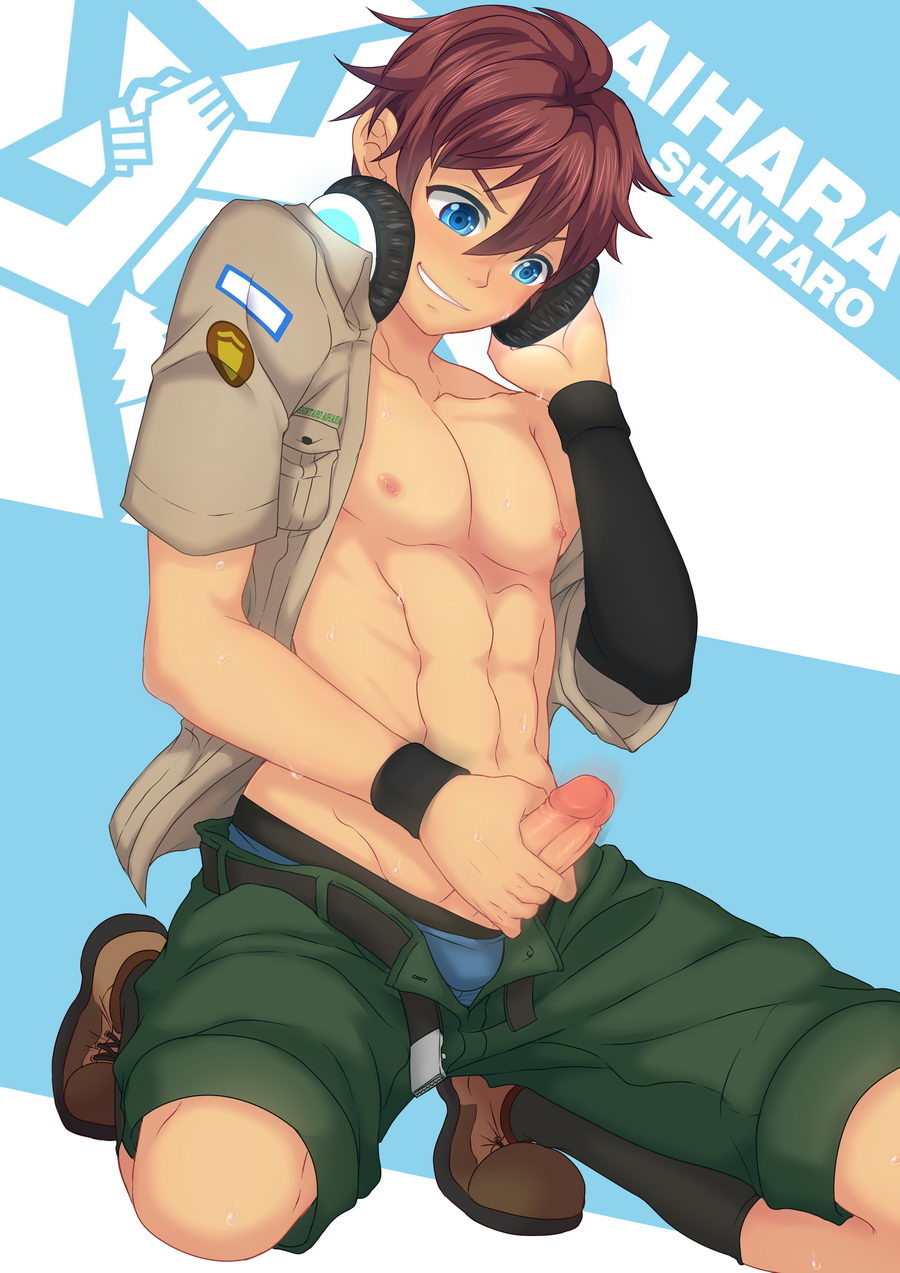 1boy camp_buddy headphones kneeling male_only masturbation mikkoukun pants_open seto shintaro_'seto'_aihara shirt_open