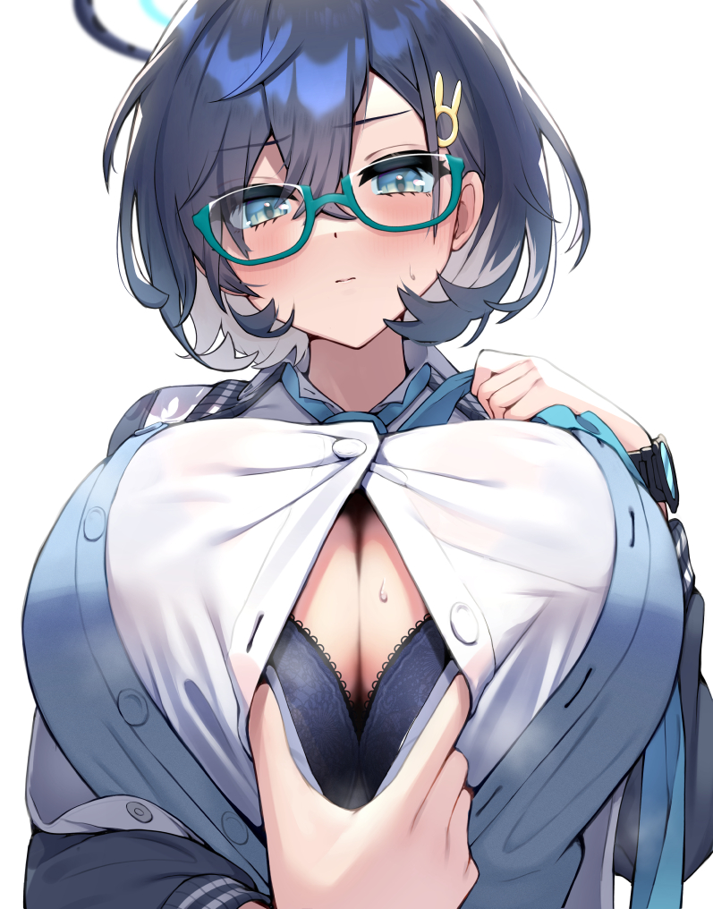 1girls, artist request, big breasts, blue archive, blue bra, blue eyes, blue hair, blush, blushing, blushing at viewer, bra, bra peek, breasts, chihiro (blue archive), female, glasses, halo, large breasts, looking at viewer, millennium science school student, open shirt, partially unbuttoned, short hair, solo, solo female, students, sweat, sweatdrop, tagme (artist), teenager, unbuttoned shirt, veritas (blue archive)