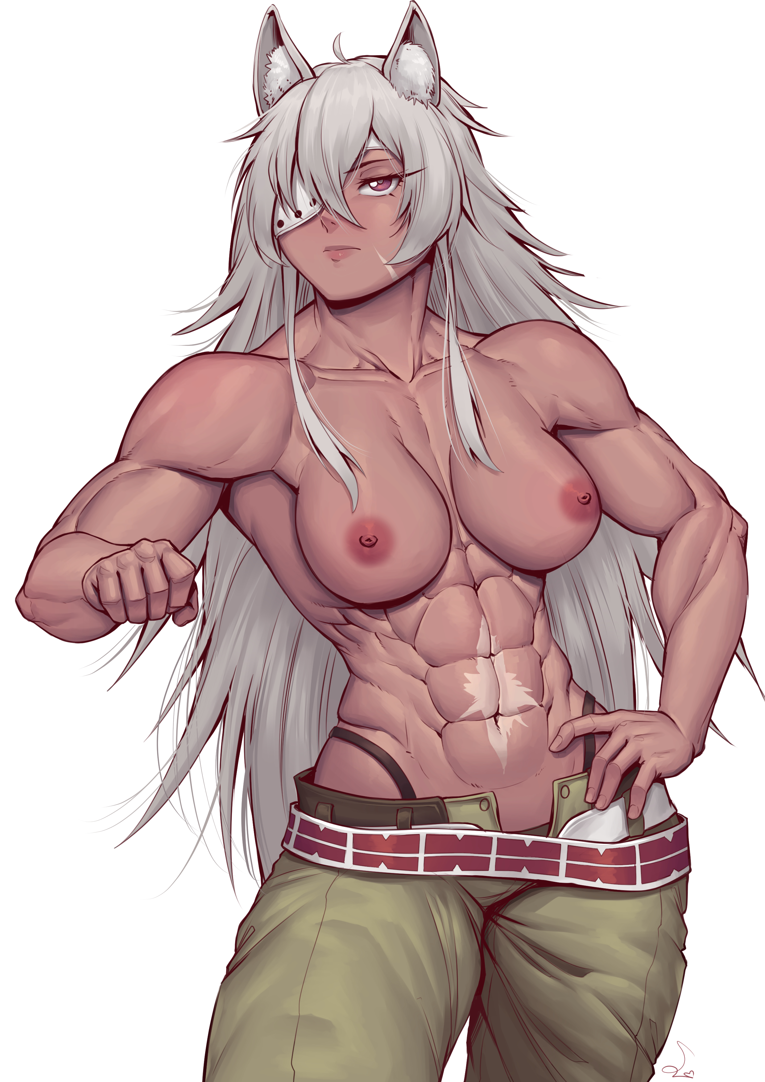 1girls, 2022, abs, absurd res, areolae, artist signature, big breasts, breasts, comic flapper, dark skin, eyepatch, female, ghislaine dedoldia, hi res, long hair, muscular, muscular arms, muscular female, mushoku tensei, nipples, pants, scar, serratus anterior, solo, speedl00ver, studio bind, topless, wolf ears