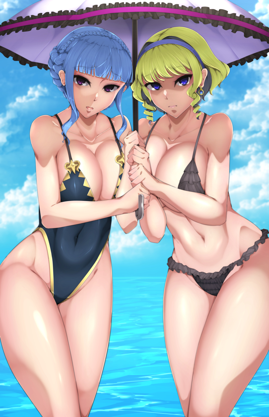 1girls asymmetrical_docking bikini black_bikini black_swimsuit blonde_hair blue_eyes blue_hair blue_swimsuit breast_press breasts brown_eyes byakkun byakkun_(byakkun8181) cleavage constance_von_nuvelle earrings eyes_in_shadow female female_only fire_emblem fire_emblem:_three_houses frown huge_breasts looking_at_viewer marianne_von_edmund nintendo ocean one-piece_swimsuit one_eye_closed outdoors parasol short_hair solo swimsuit umbrella