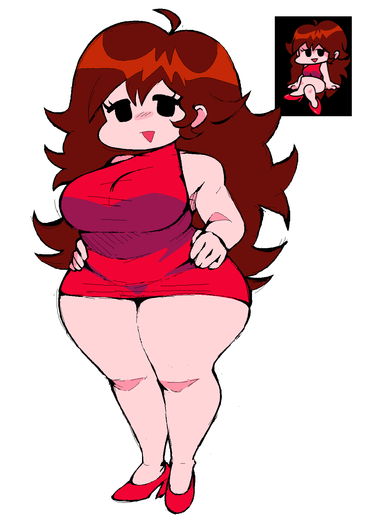 artstyle_imitation auburn_hair bbw big_breasts female female_only friday_night_funkin girlfriend_(friday_night_funkin) hands_on_hips high_heels huge_ass long_hair red_dress shortstack thick_thighs vilrot