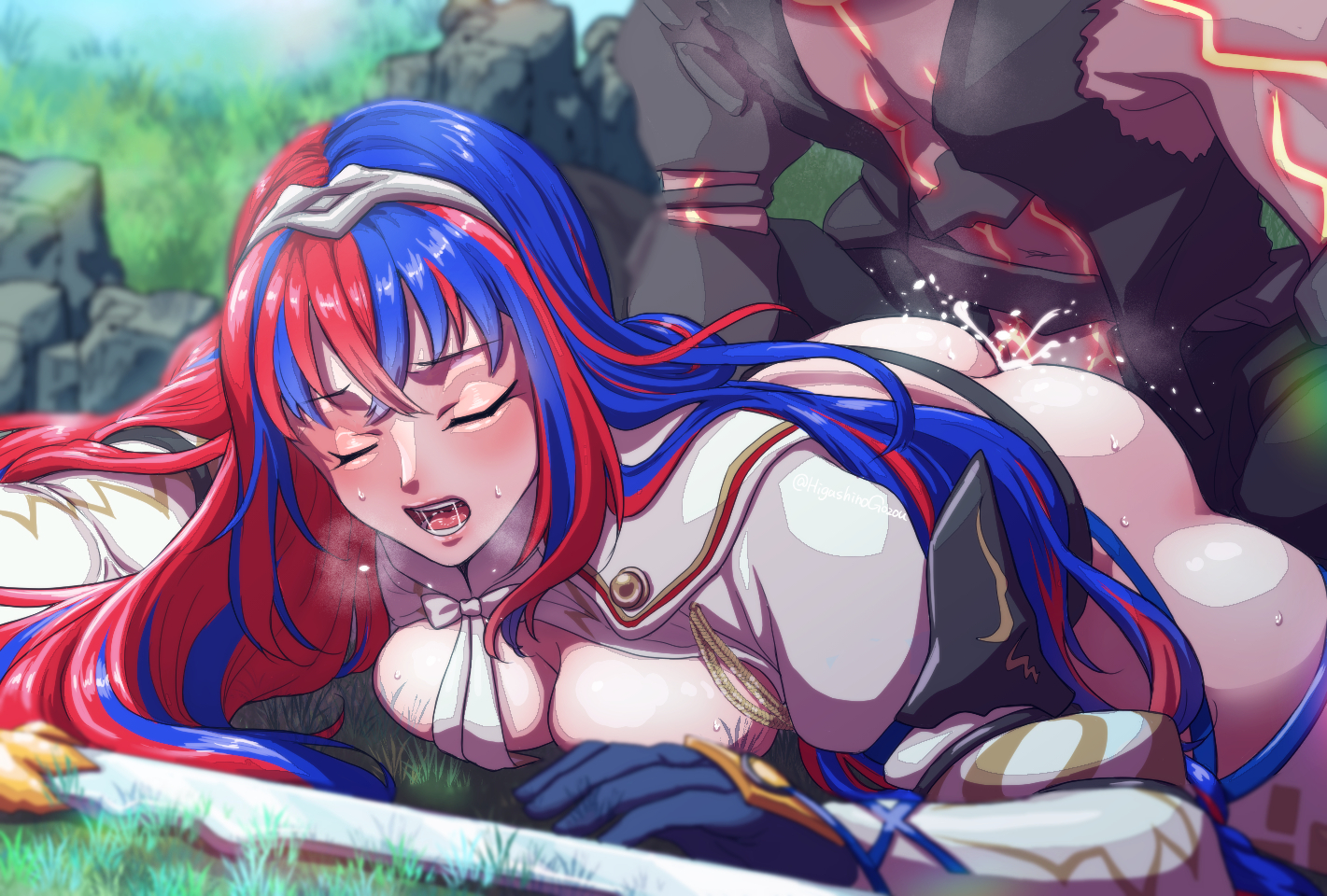 1boy, 1girls, alear (fire emblem), alear (fire emblem) (female), ambiguous penetration, ass, bangs, bare thighs, big ass, blue hair, blush, boy on top, breast press, breasts, breasts out, bulldog position, cleavage, closed eyes, clothed sex, corrupted (fire emblem), crossed bangs, cum, cum in pussy, cum inside, defeated, doggy style, female, female focus, fire emblem, fire emblem engage, gloves, gozou higashino, grass, heavy breathing, large breasts, long hair, lying, male, medium breasts, multicolored hair, nintendo, on stomach, open mouth, outdoors, prone bone, pussy, rape, red hair, saliva, sex, sex from behind, solo focus, straight, sweat, sword, thick thighs, thighhighs, thighs, top-down bottom-up, vaginal penetration, weapon, zukake