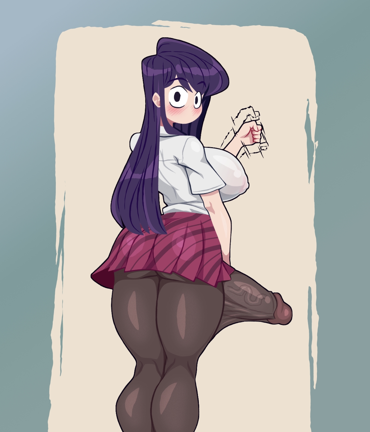 1futa, back, back view, big breasts, big penis, blush, breasts, bulge, clothed, clothing, erection, erection under clothes, erection under pantyhose, erection under skirt, fully clothed, futa only, futanari, huge cock, human, hyper penis, intersex, komi shouko, komi-san wa komyushou desu, light skin, light-skinned futa, looking at viewer, looking back, masturbation gesture, nipple bulge, no mouth, penis, propositioning, purplehorn (artist), school uniform, solo, standing, tenting