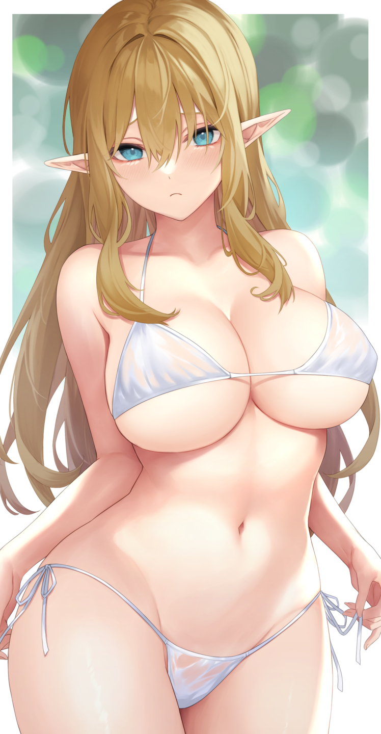 1girls, 2022, artist request, bikini, blonde hair, blue eyes, blush, breasts, elf, elf ears, elf female, embarrassed, female, female only, huge breasts, light skin, light-skinned female, long ears, long hair, looking at viewer, original, original character, pointy ears, slim waist, white bikini, wide hips